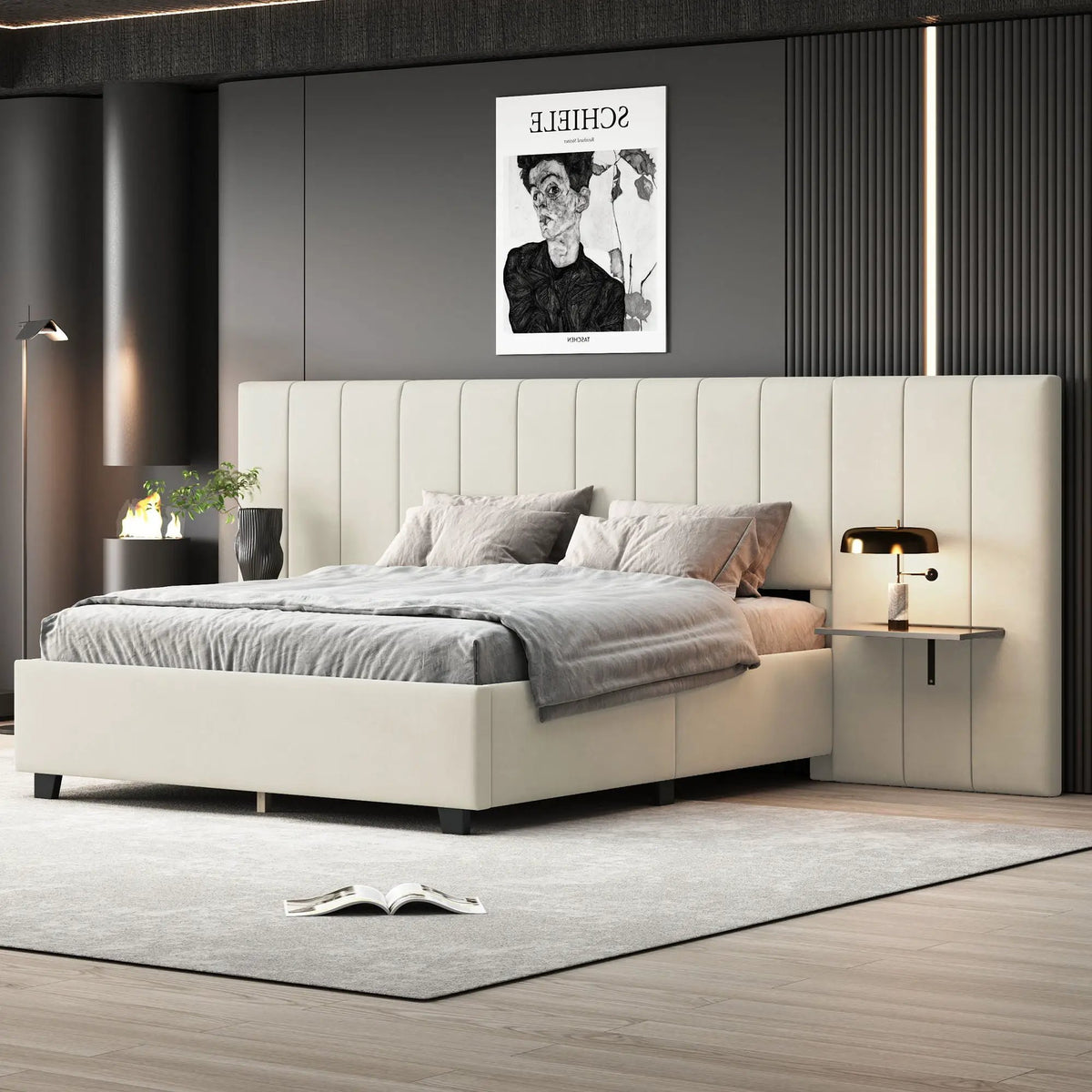 Upholstered Platform Bed | Oversized Ultra-Soft Headboard | Integrated Side Shelves | 111.8 Inch Length