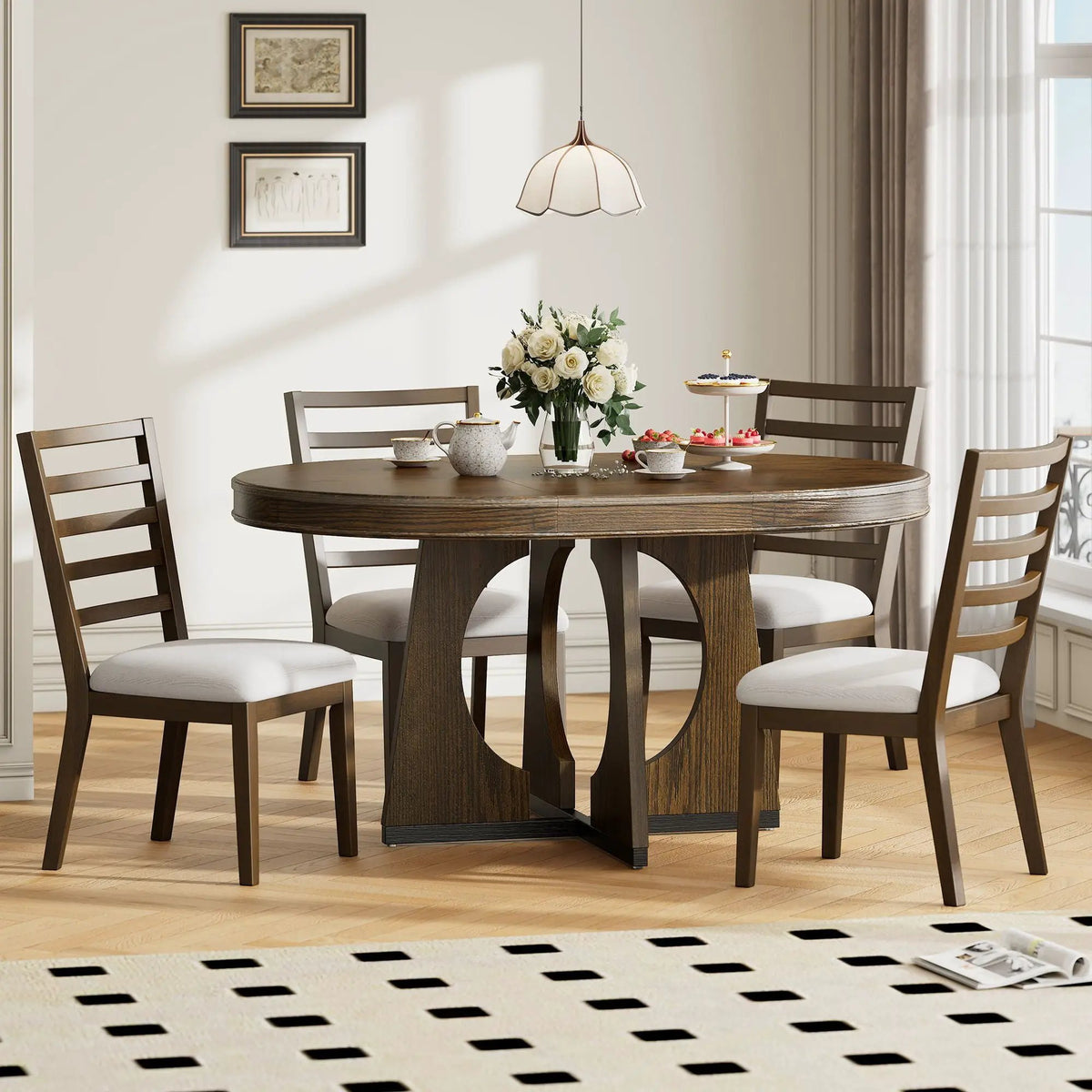 Round Dining Table Set | Extendable Top | 4 Chairs Included | 4 Seater