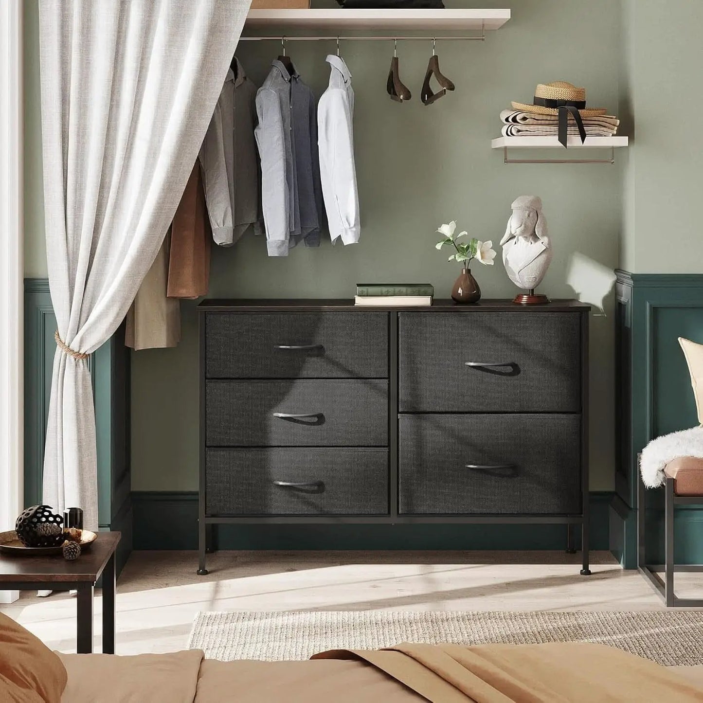 Charcoal Black Fabric Dresser With 5 Drawers For Bedroom Storage from PriceLows™