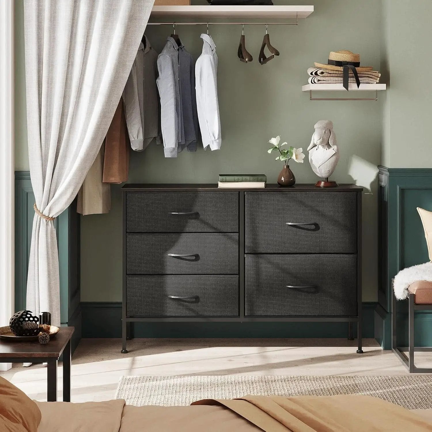 Charcoal Black Fabric Dresser With 5 Drawers For Bedroom Storage from PriceLows™