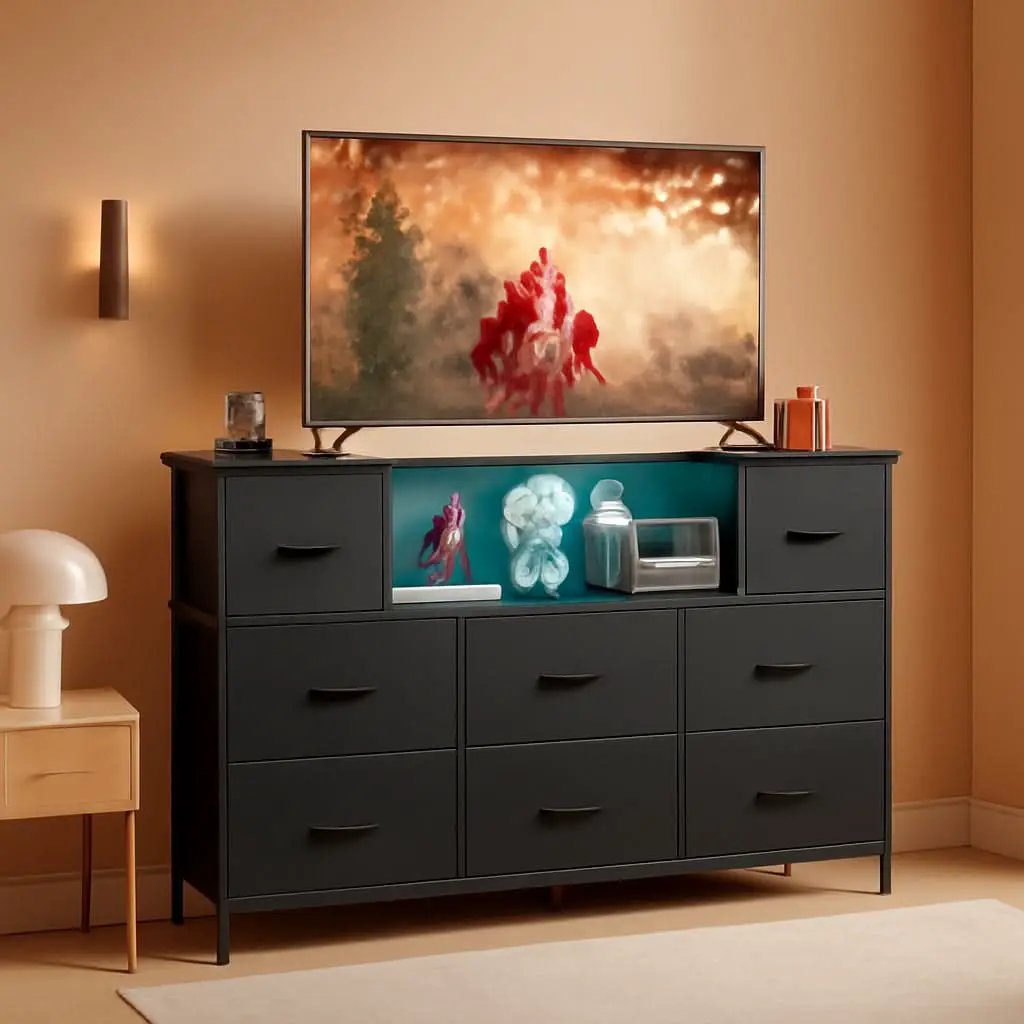 Black Fabric Dresser With Charging Station And LED Lights from PriceLows™