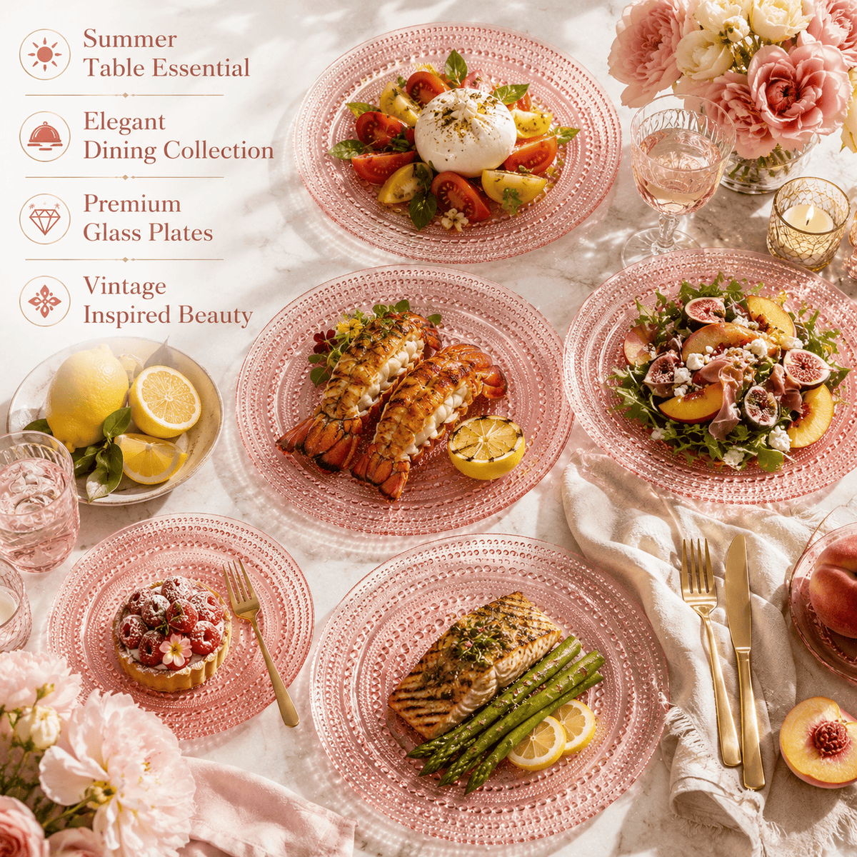 Blush Pink Hobnail Glass Dinner Plates, 10.6-Inch | Set of 4 | Glass | Entertaining