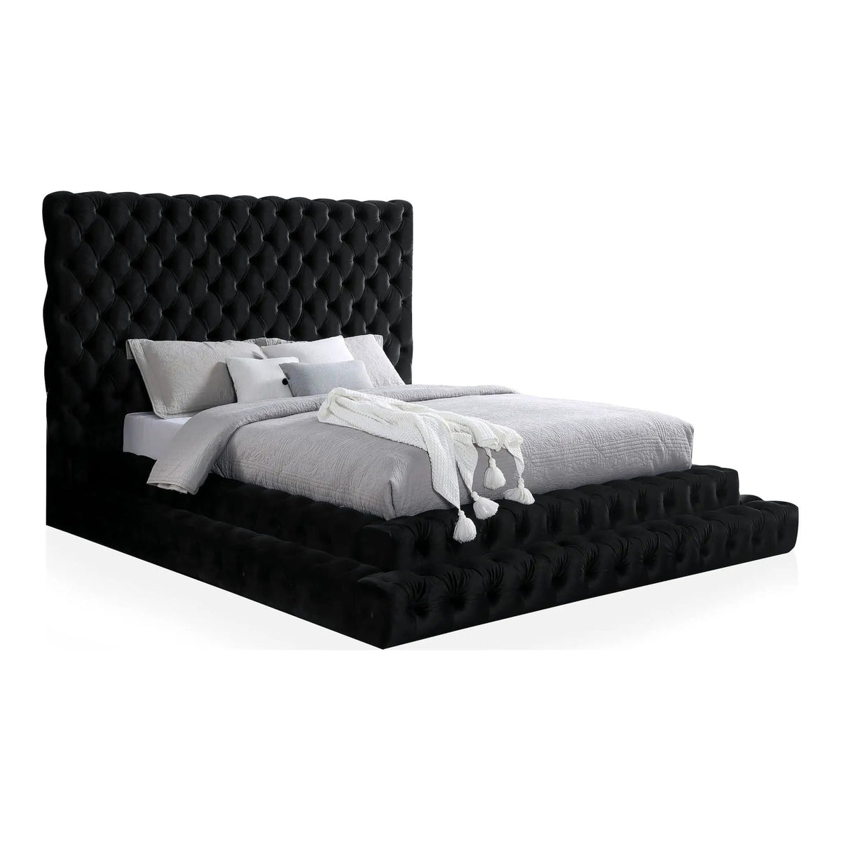 Tufted Platform Bed | Oversized Headboard | Fully Upholstered Frame | Glam Design