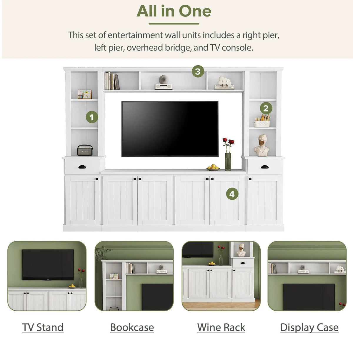 Minimalist Entertainment Wall Unit | Fits TVs Up To 75 Inch | Adjustable Bridge Height | Plank-Inspired Doors