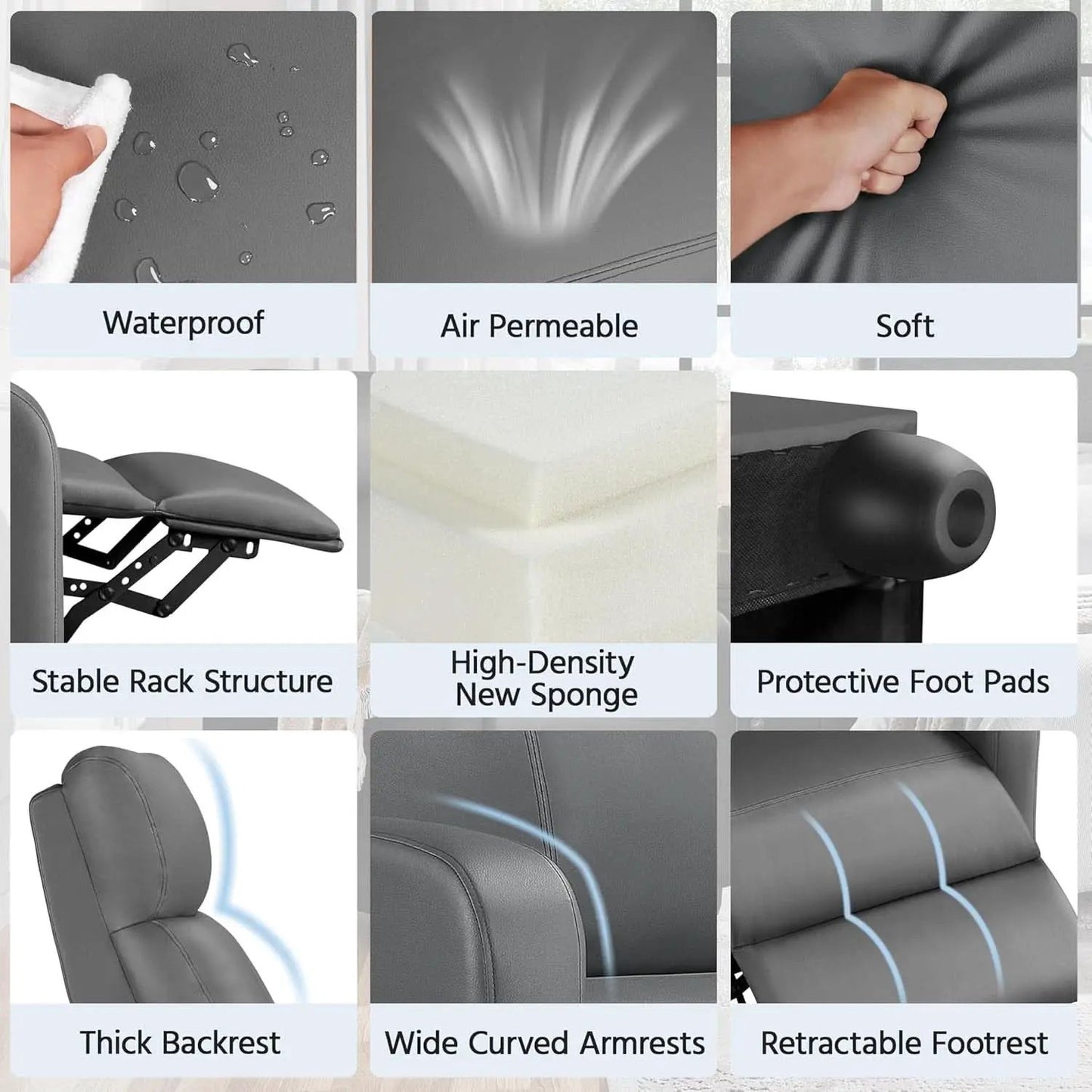 Gray PU Leather Recliner Chair With Lumbar Support from PriceLows™