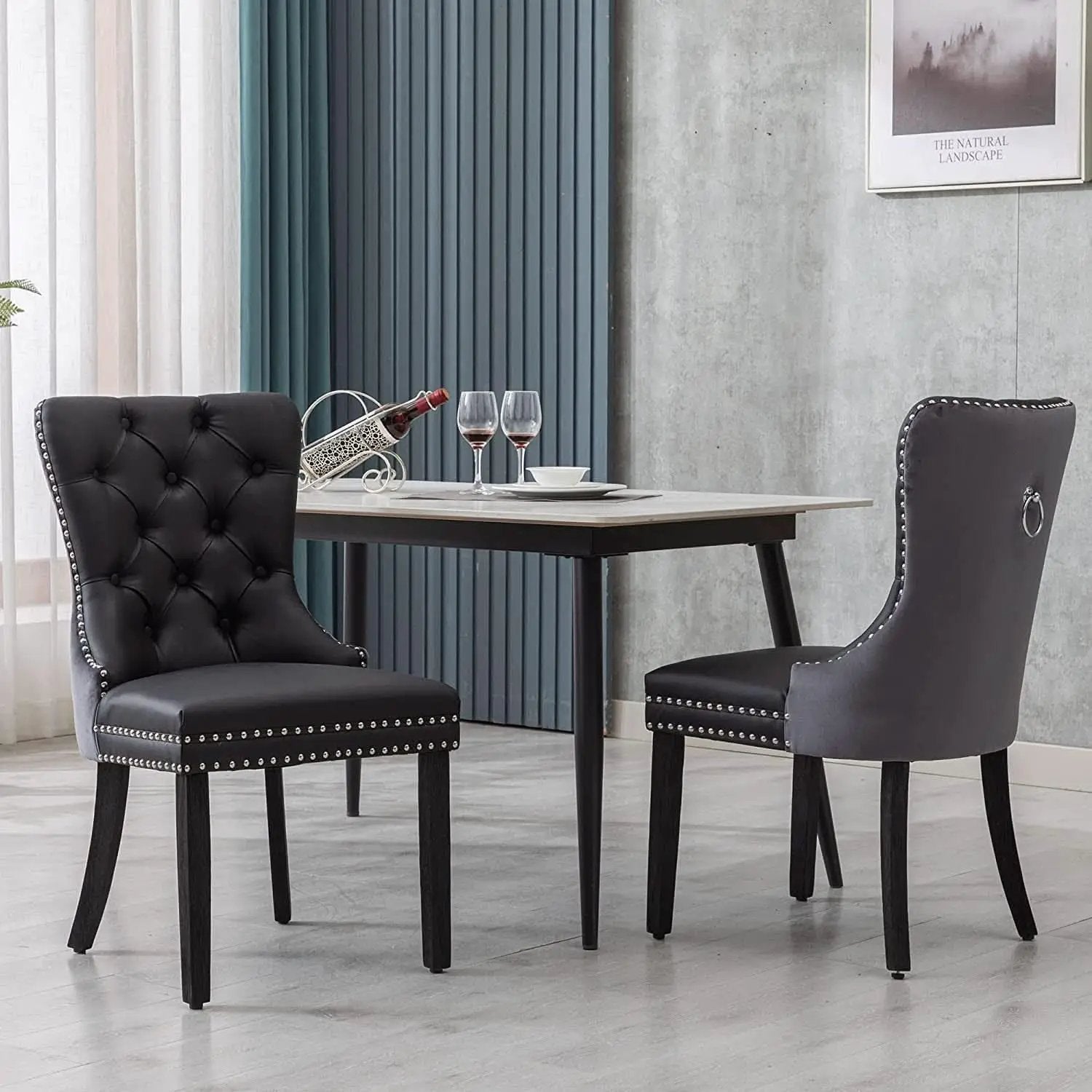 Black And Dark Grey Velvet Dining Chairs Set Of 6 With Nailhead Trim Pull Ring from PriceLows™