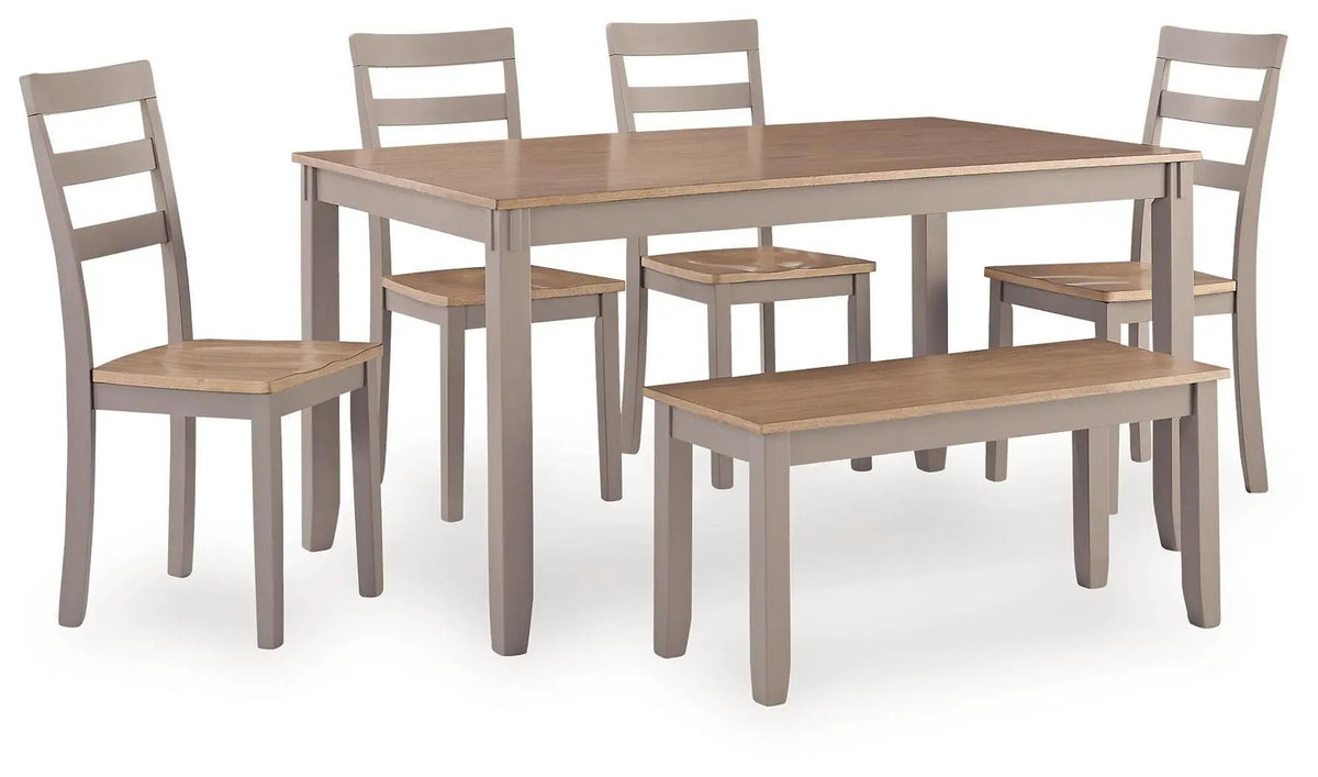 Dining Table Set | 6 Piece | Natural Gray Finish | With Bench And Chairs