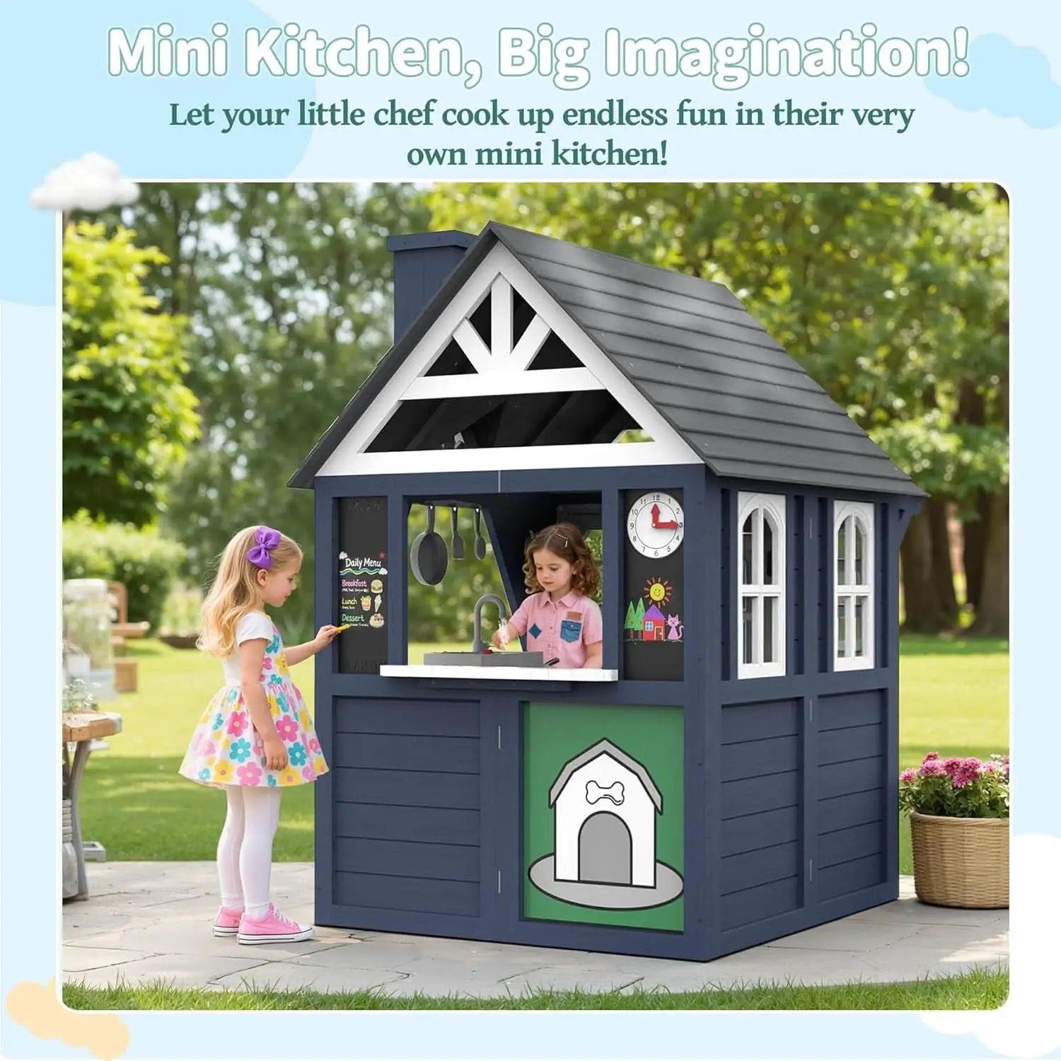 Blue Outdoor Kids Playhouse With Kitchen Doorbell Panel from PriceLows™