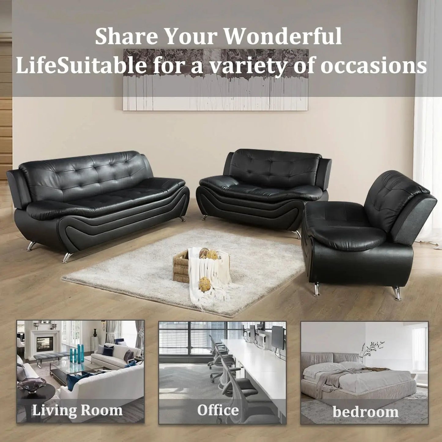 3 Piece Faux Leather Sofa Set For Living Room Black 3 Seater Sofa Loveseat Armchair from PriceLows™