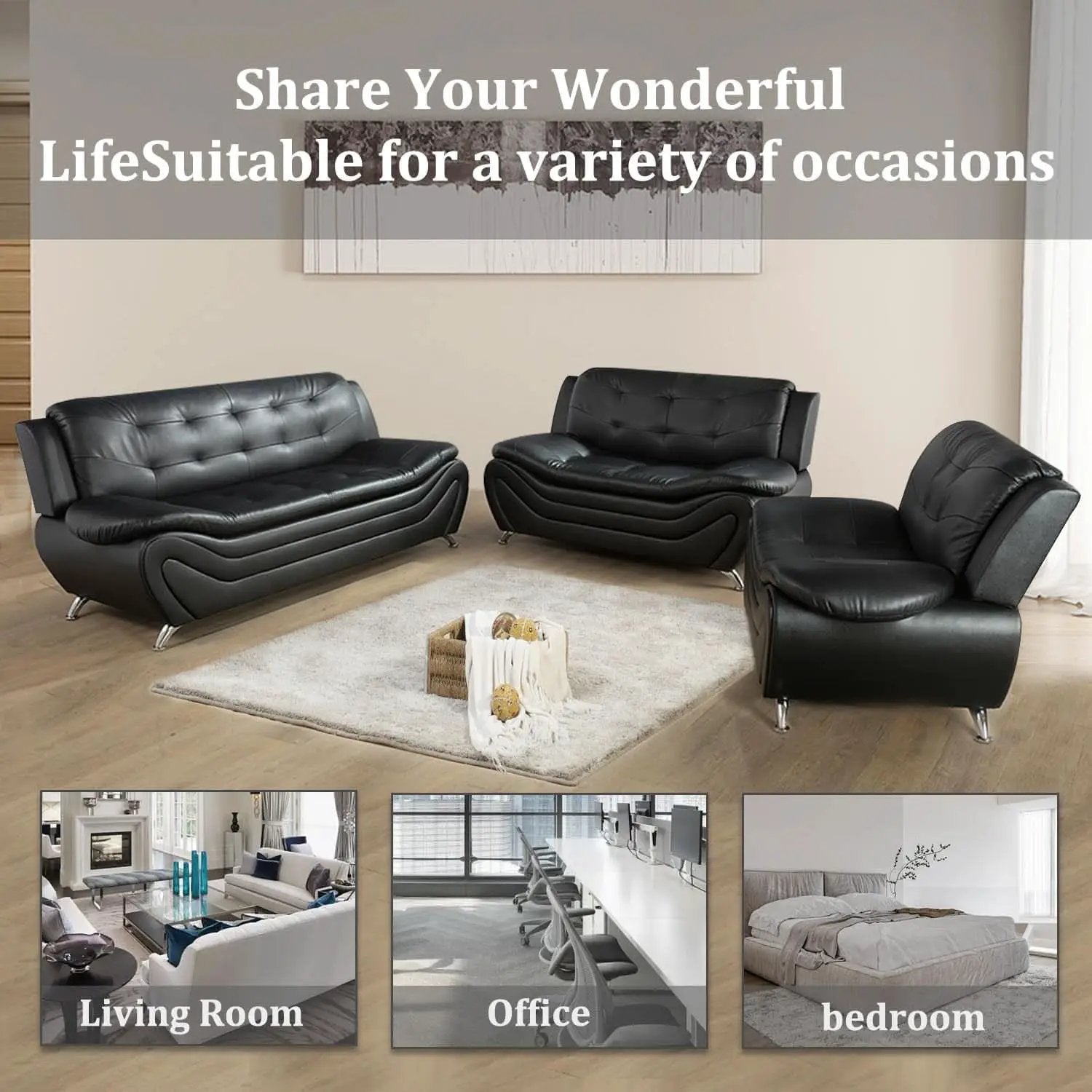 3 Piece Faux Leather Sofa Set For Living Room Black 3 Seater Sofa Loveseat Armchair from PriceLows™