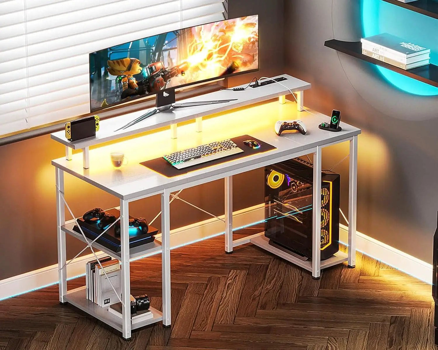 48 Inch LED Gaming Desk With Power Outlets Monitor Stand from PriceLows™