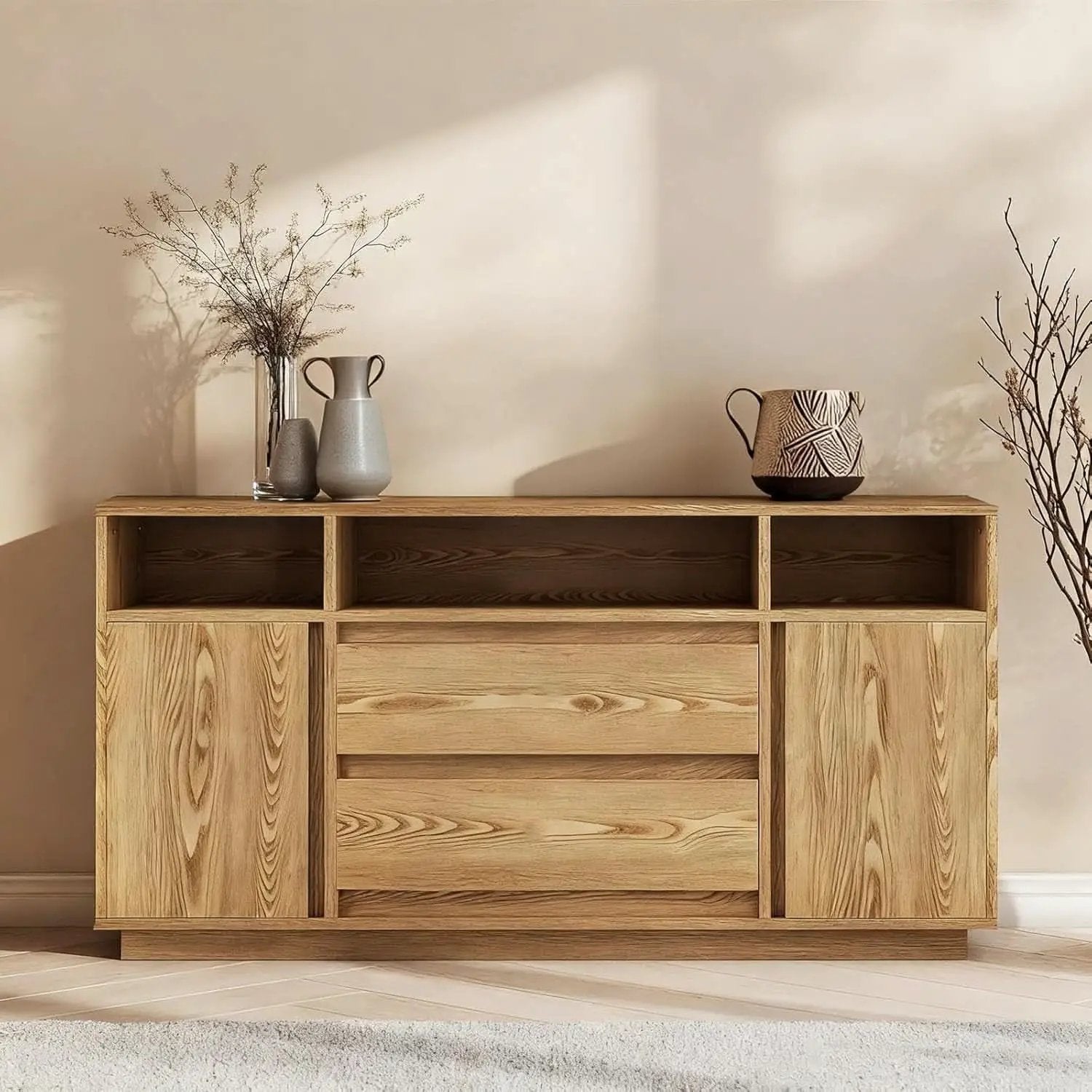 63 Inch Natural Solid Wood Sideboard With Drawers Storage from PriceLows™