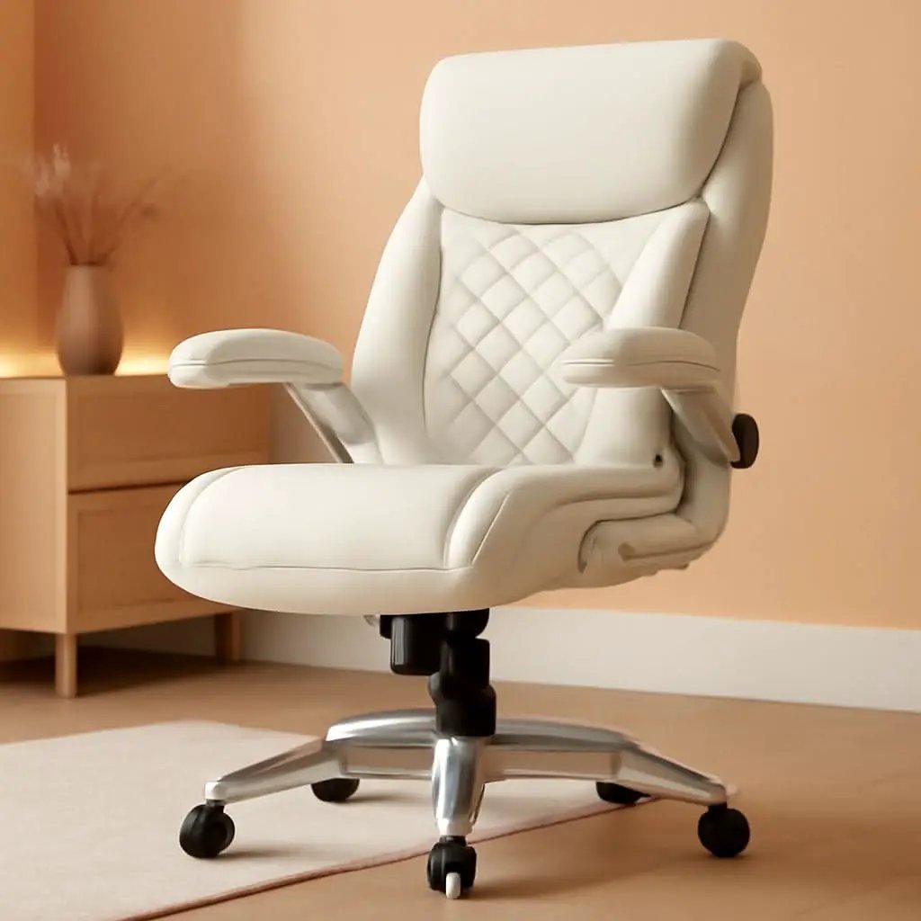 Cream Leather Ergonomic Office Chair With Flip Up Armrests from PriceLows™