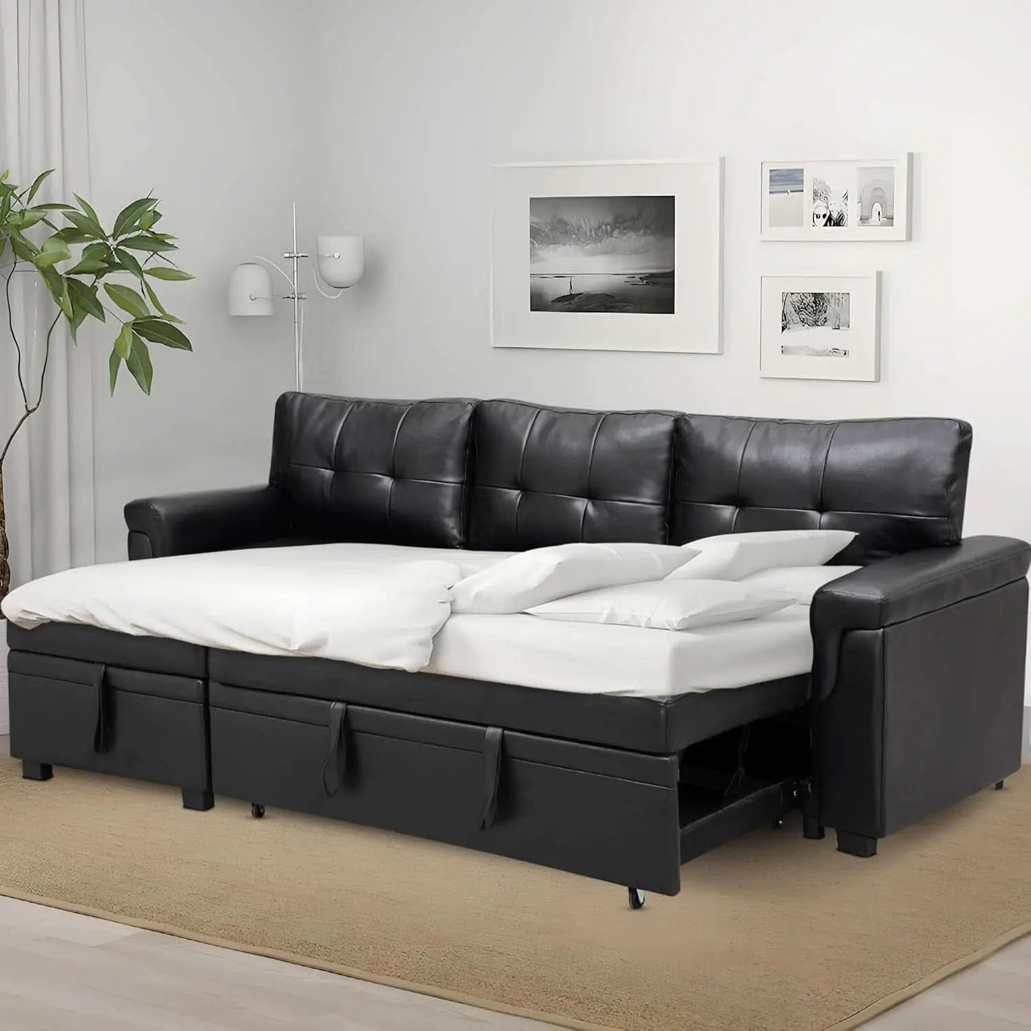 Sleeper Sectional Sofa Black Leather With Convertible Bed from PriceLows™