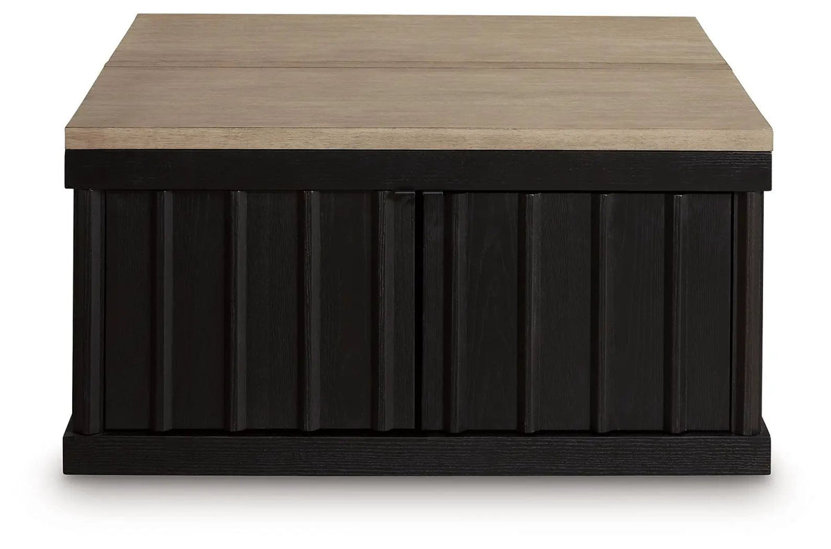 Rylandyn Lift Top Cocktail Table | Black And Light Brown | 36 Inch Square | Door Storage