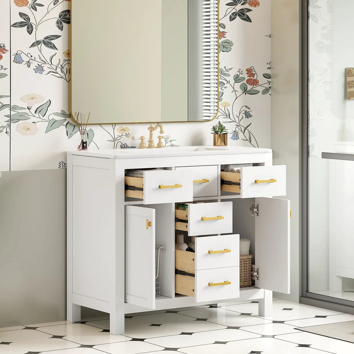 36 Inch Bathroom Vanity | Resin Sink Combo Set | 4 Drawers | Solid Wood Feet