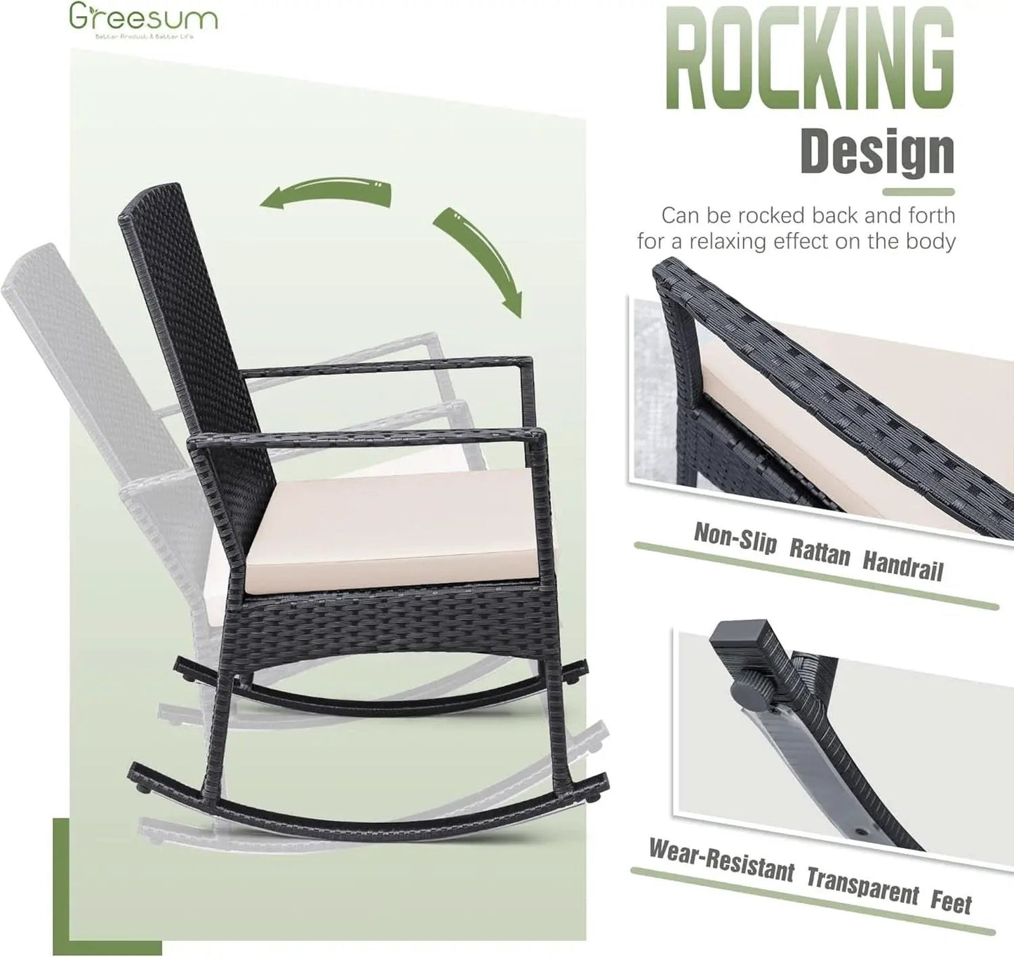 Three Piece Patio Furniture Set Outdoor Wicker Rocking Chairs With Glass Coffee Table Beige from PriceLows™