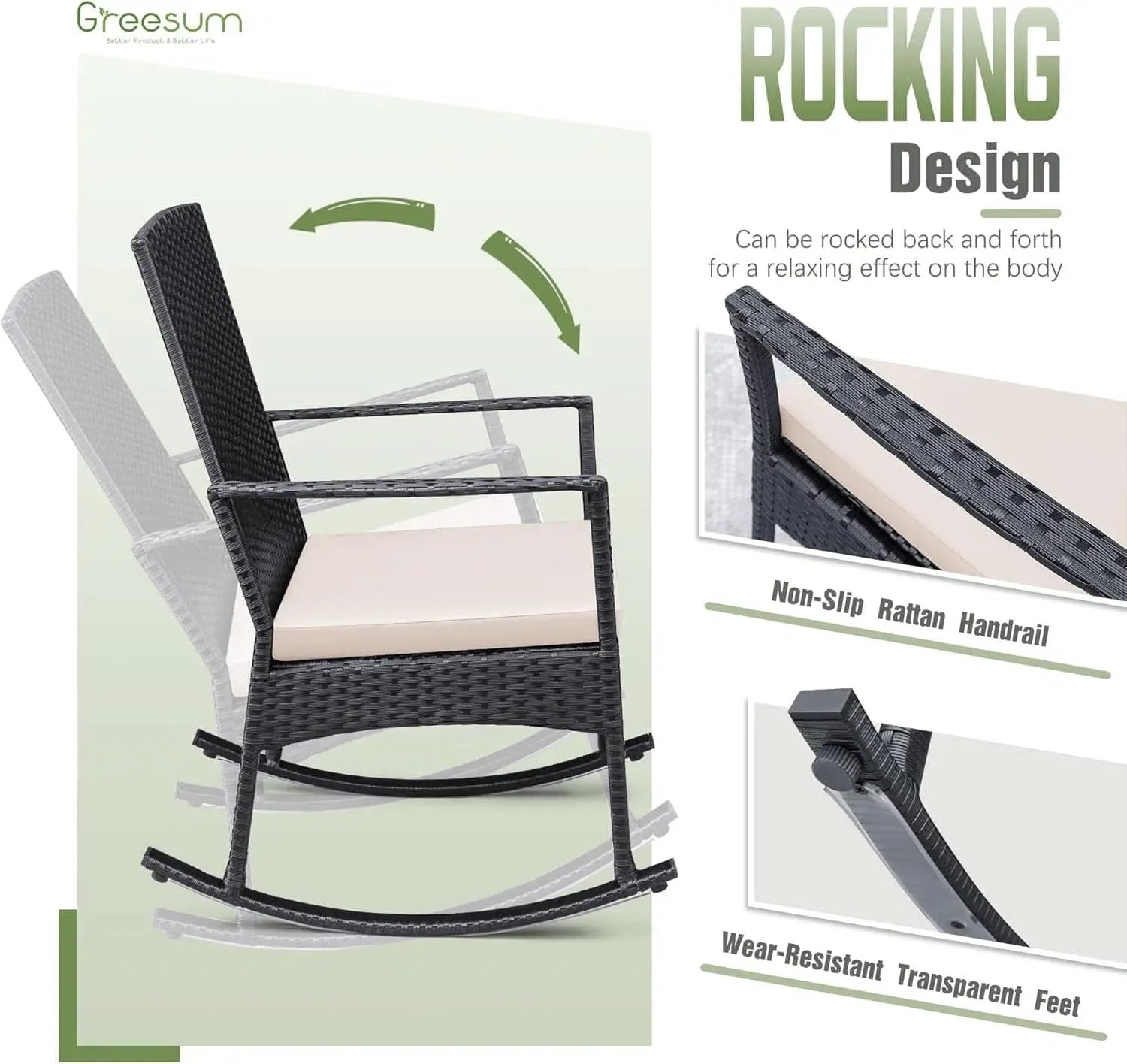 Three Piece Patio Furniture Set Outdoor Wicker Rocking Chairs With Glass Coffee Table Beige from PriceLows™
