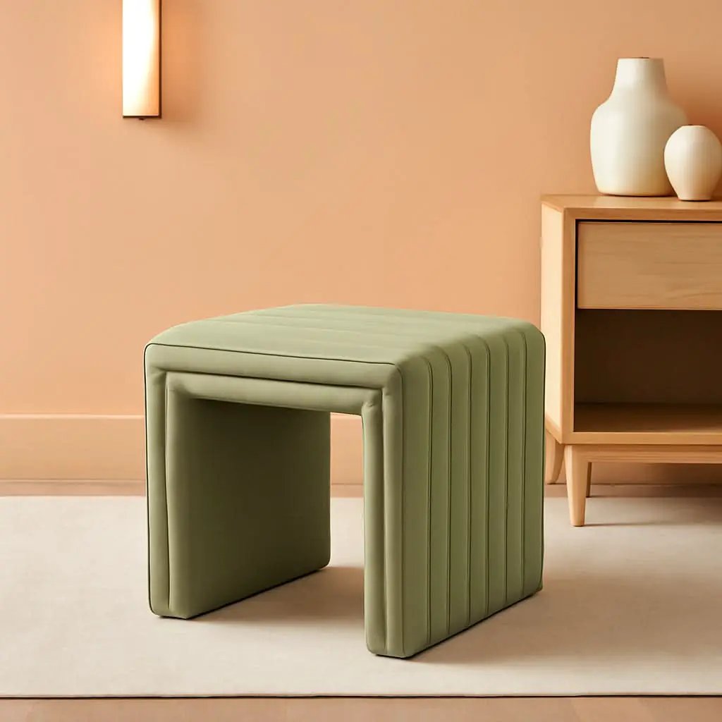 Green Velvety Tufted Ottoman Footstool 18.5 Inches from PriceLows™