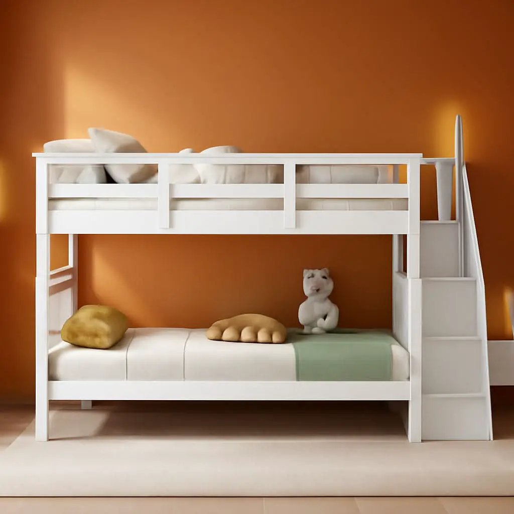 Twin Over Twin Bunk Bed With Stairs Solid Wood White from PriceLows™