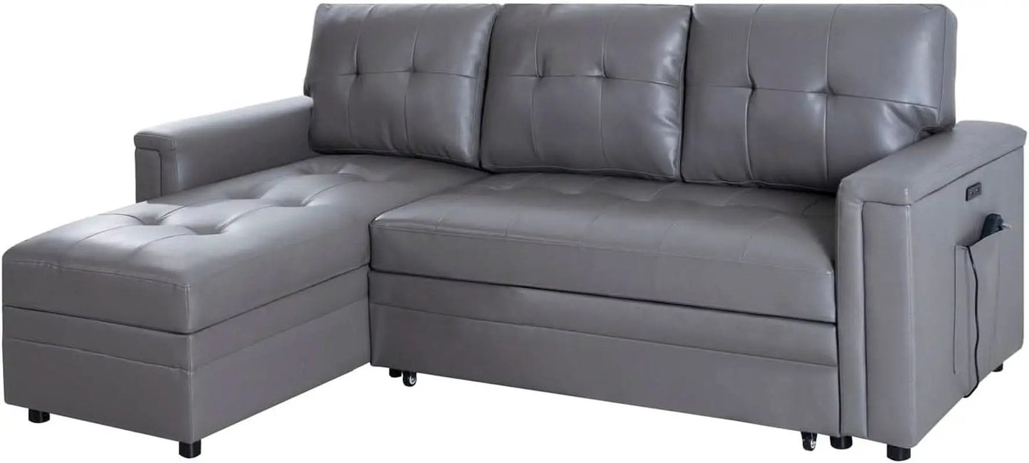 L Shaped Sectional Sleeper Sofa With USB Ports Gray Leather from PriceLows™