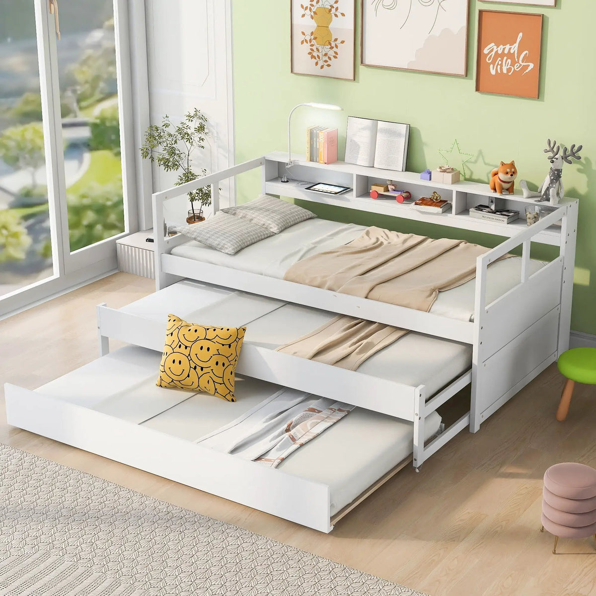 Daybed | 2 Trundles | 3 Storage Cubbies | Solid Wood Frame