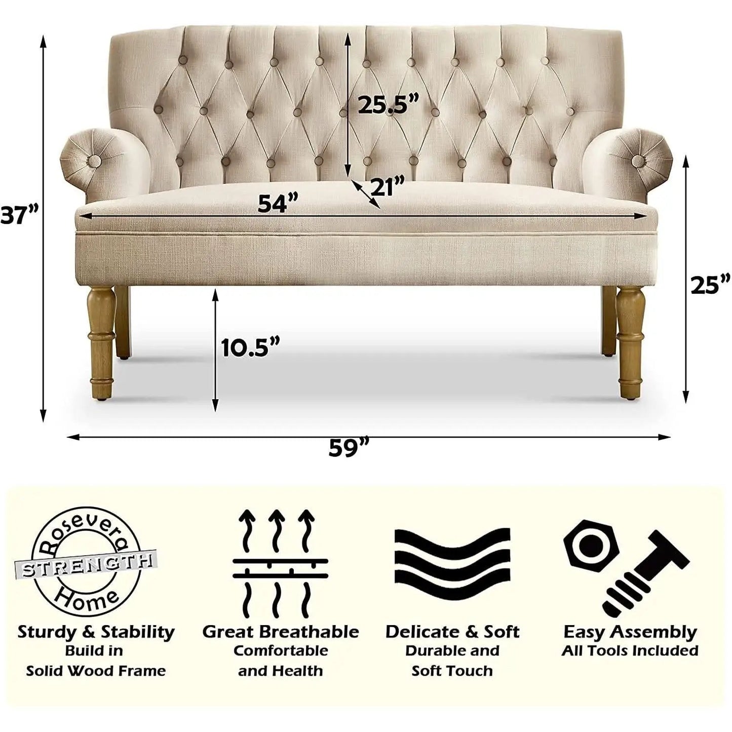 Warm Beige Tufted Loveseat Sofa Set With Rolled Arms And Linen Fabric from PriceLows™