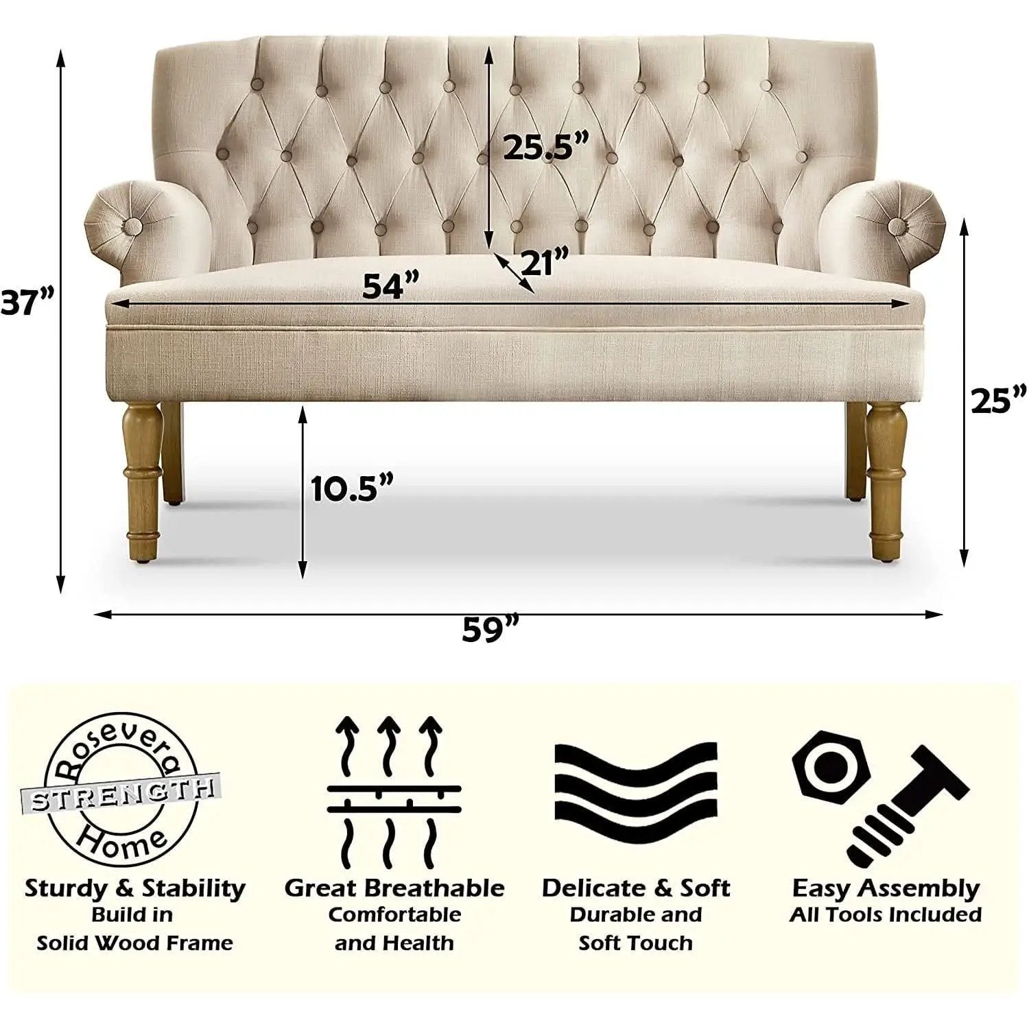 Warm Beige Tufted Loveseat Sofa Set With Rolled Arms And Linen Fabric from PriceLows™