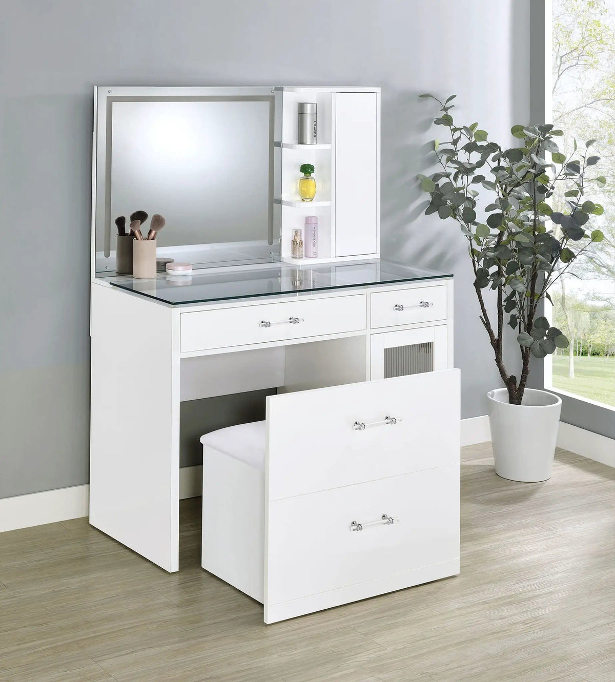 Flora 2-drawer Vanity Set with LED Mirror White High Gloss | 39.5 x 19.75 x 53.75 in | Tempered Glass & Acrylic | Bathroom