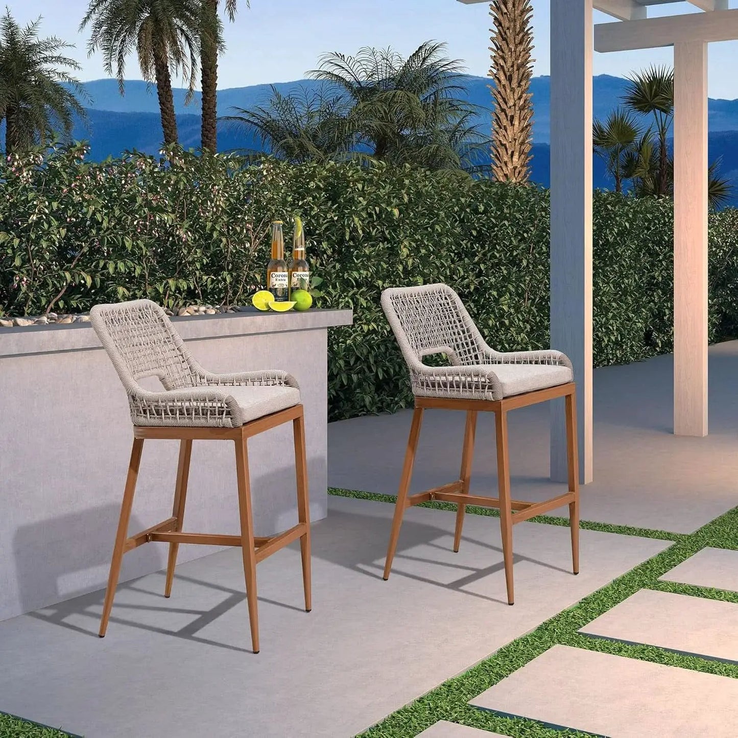 Counter Height Bar Stools With Backrest Set of 4 Rattan from PriceLows™