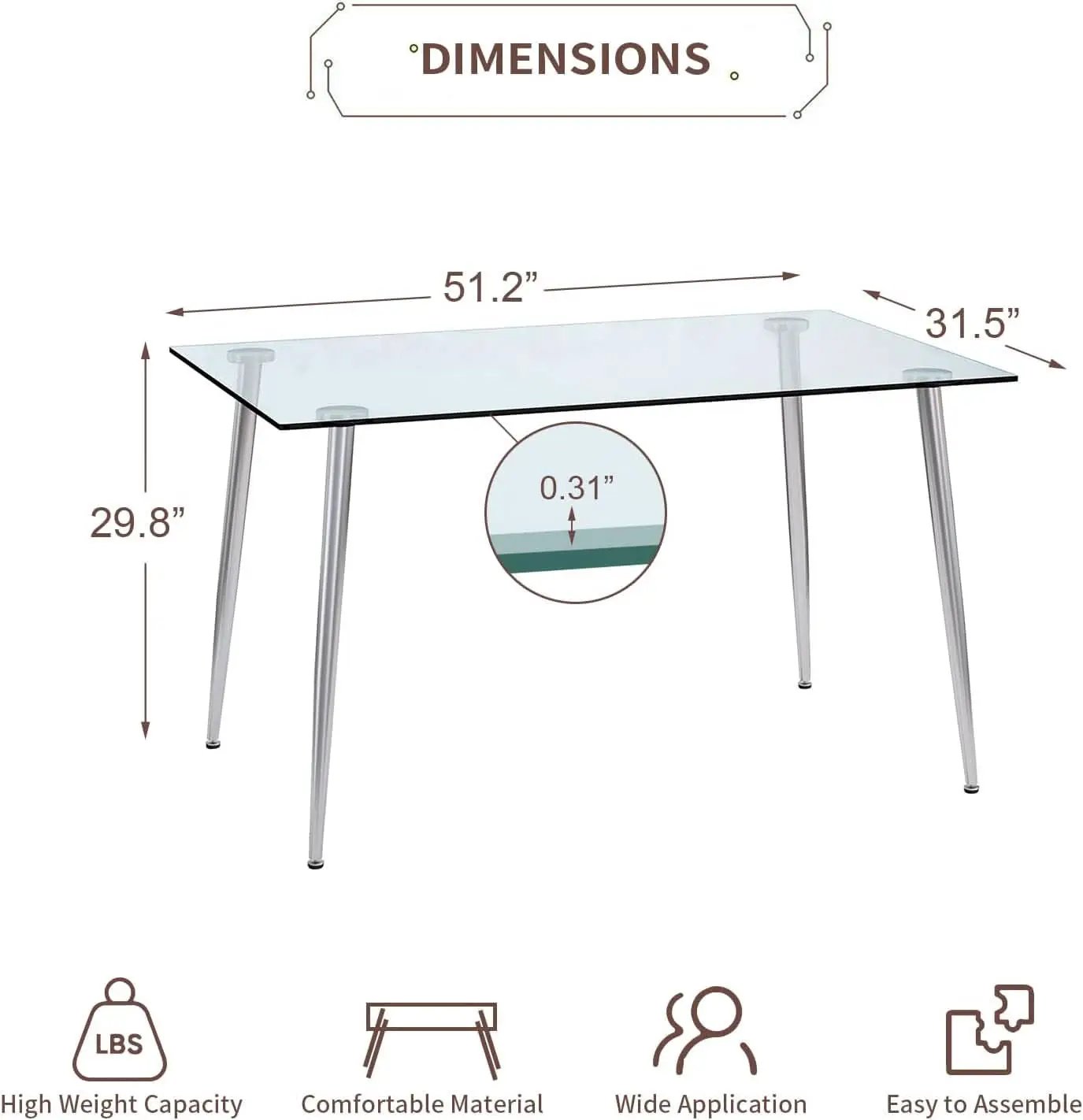 Glass Dining Table For 4 51 Inch Clear Top For Home from PriceLows™
