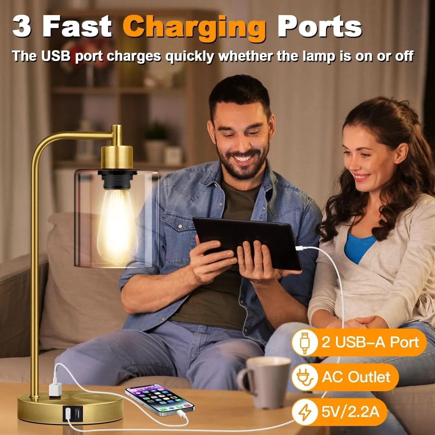 Industrial Touch Table Lamps Set Of 2 With USB Ports And AC Outlet Brass from PriceLows™