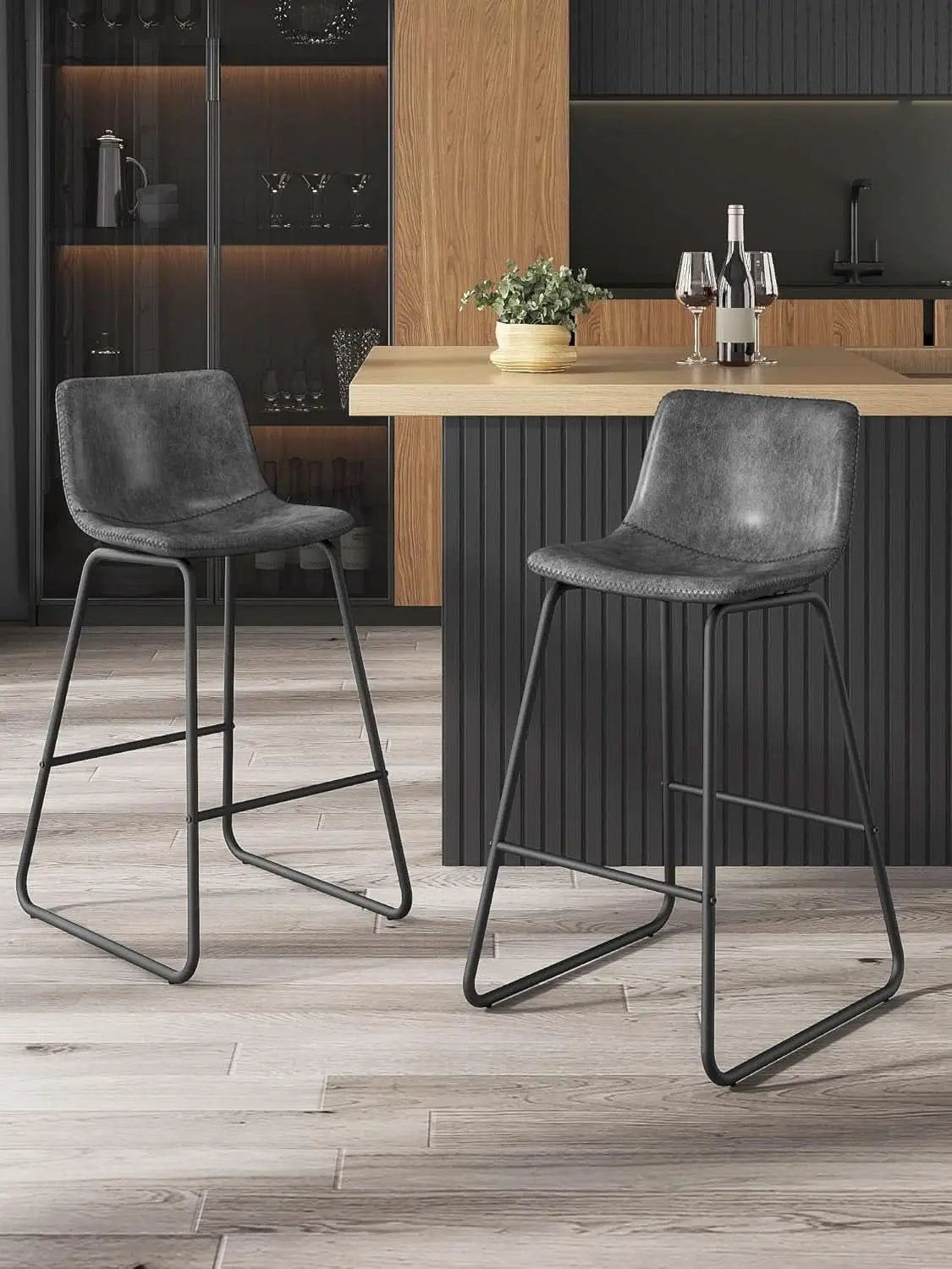 Gray Faux Leather Bar Stools Set Of 3 26 Inch Counter from PriceLows™