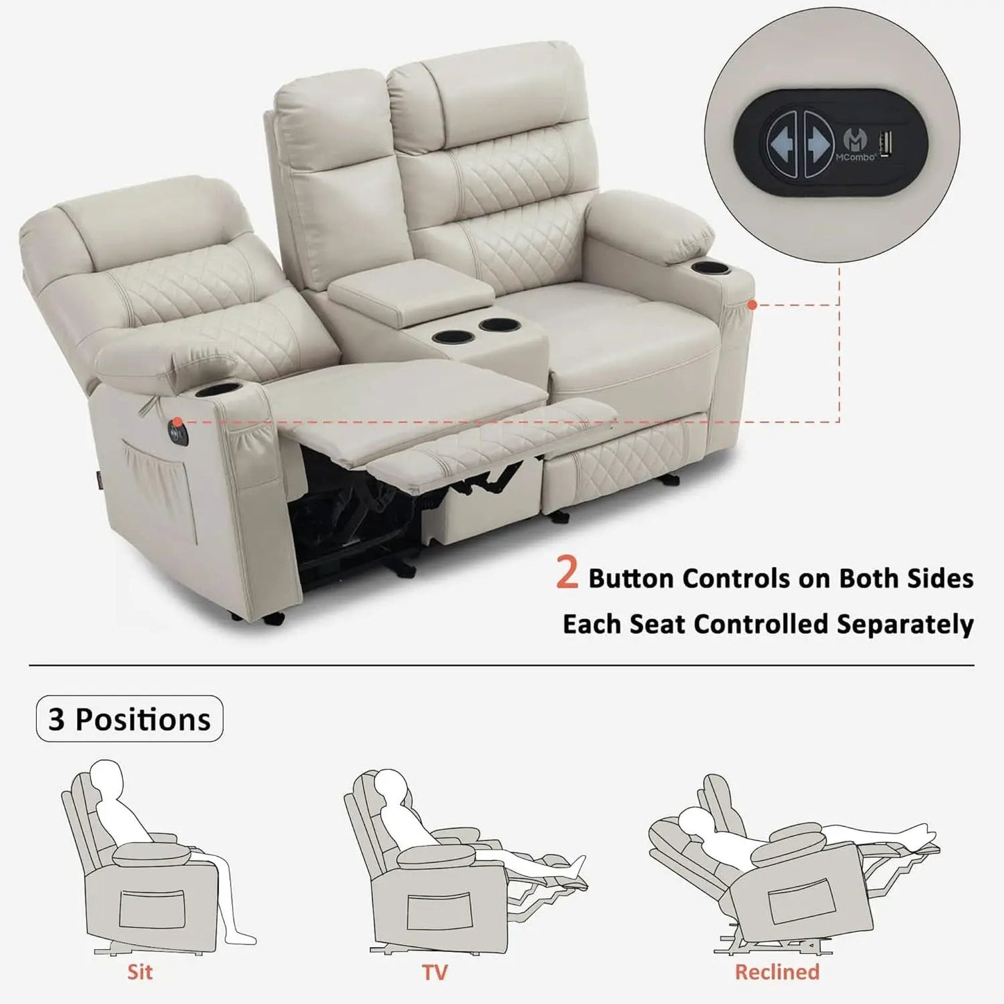 Power Recliner Loveseat With Console And Heat Vibration USB Light Grey from PriceLows™