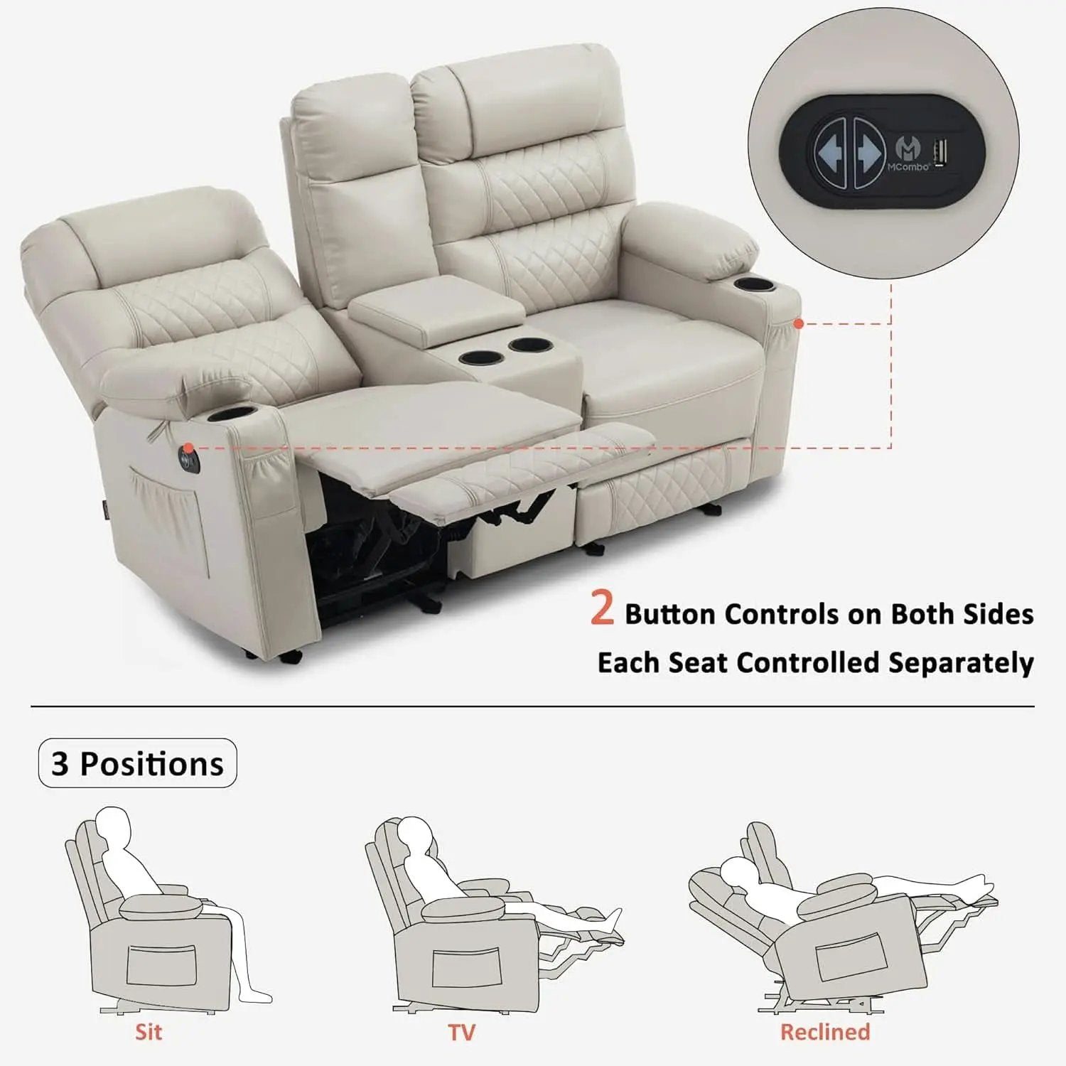 Power Recliner Loveseat With Console And Heat Vibration USB Light Grey from PriceLows™