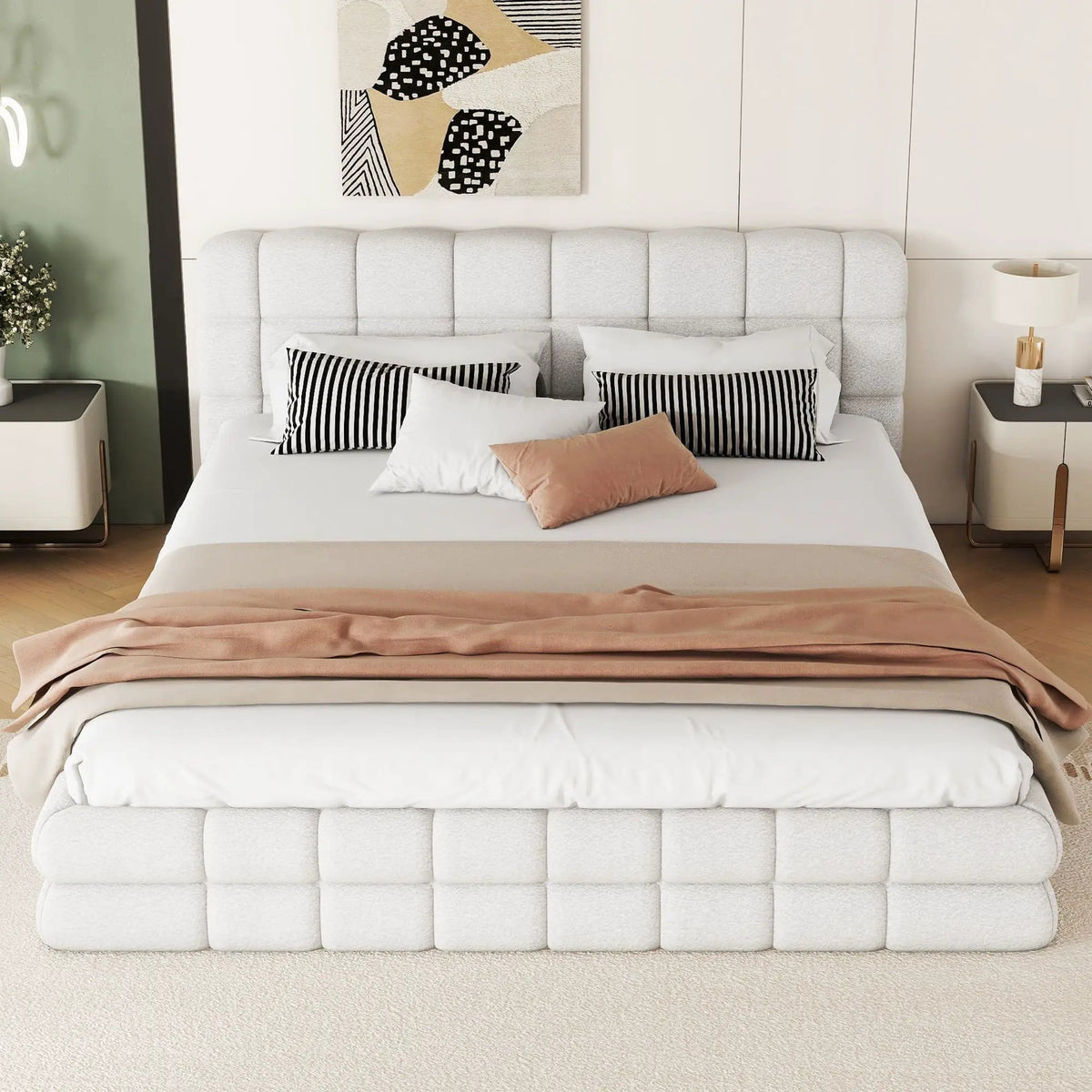Upholstered Platform Bed With Headboard | 3 Pieces | Pine Wood & Metal | Bedroom