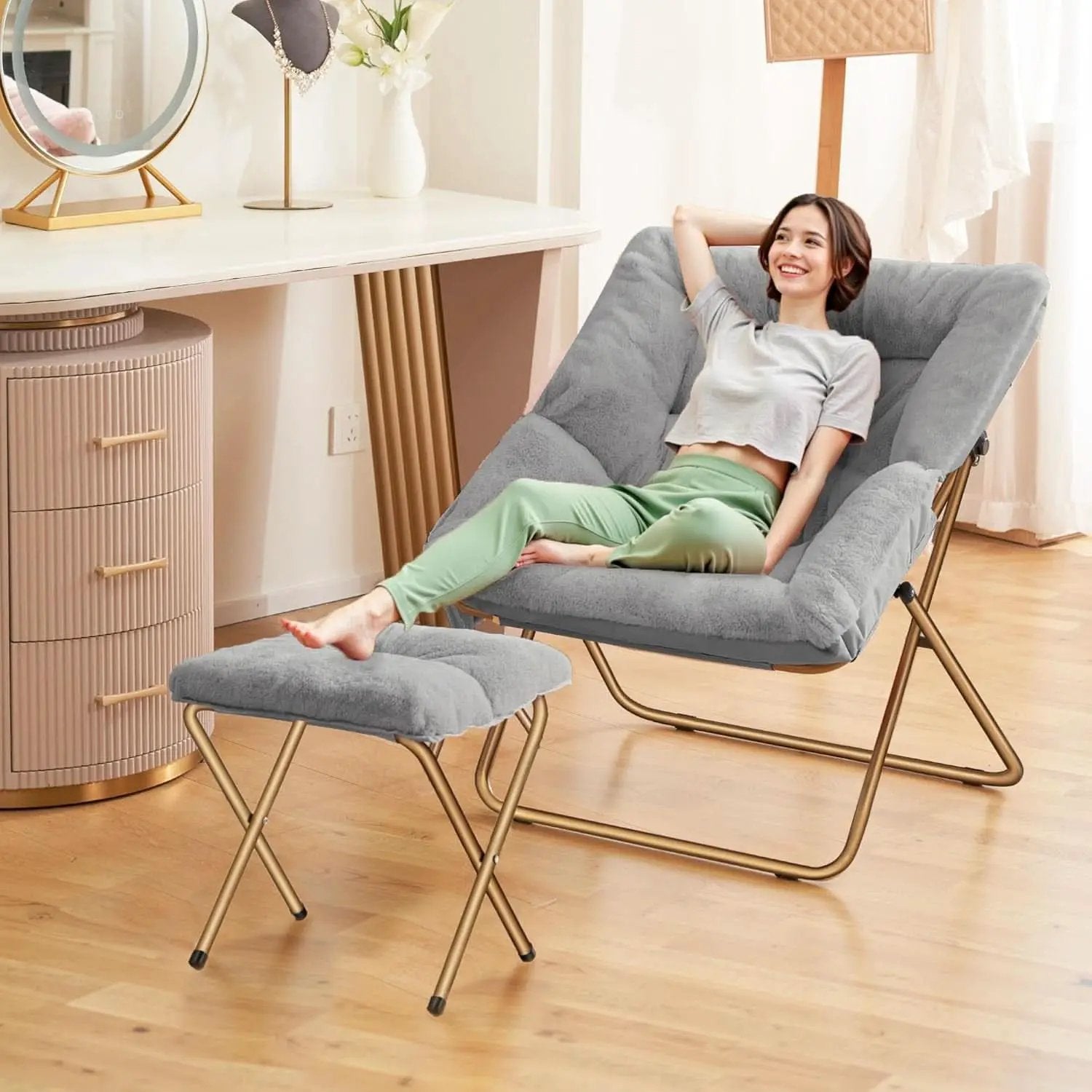 Extra Large Grey Ultrasoft Faux Fur Saucer Chair Foldable from PriceLows™