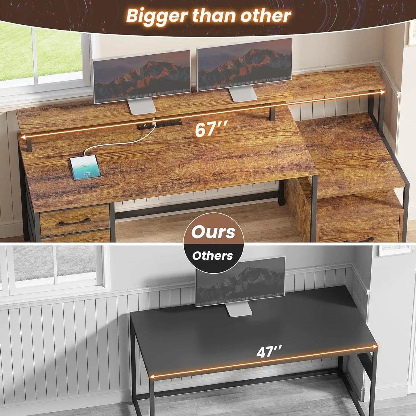 66 Inch Home Office Desk Rustic Brown Durable Construction from PriceLows™