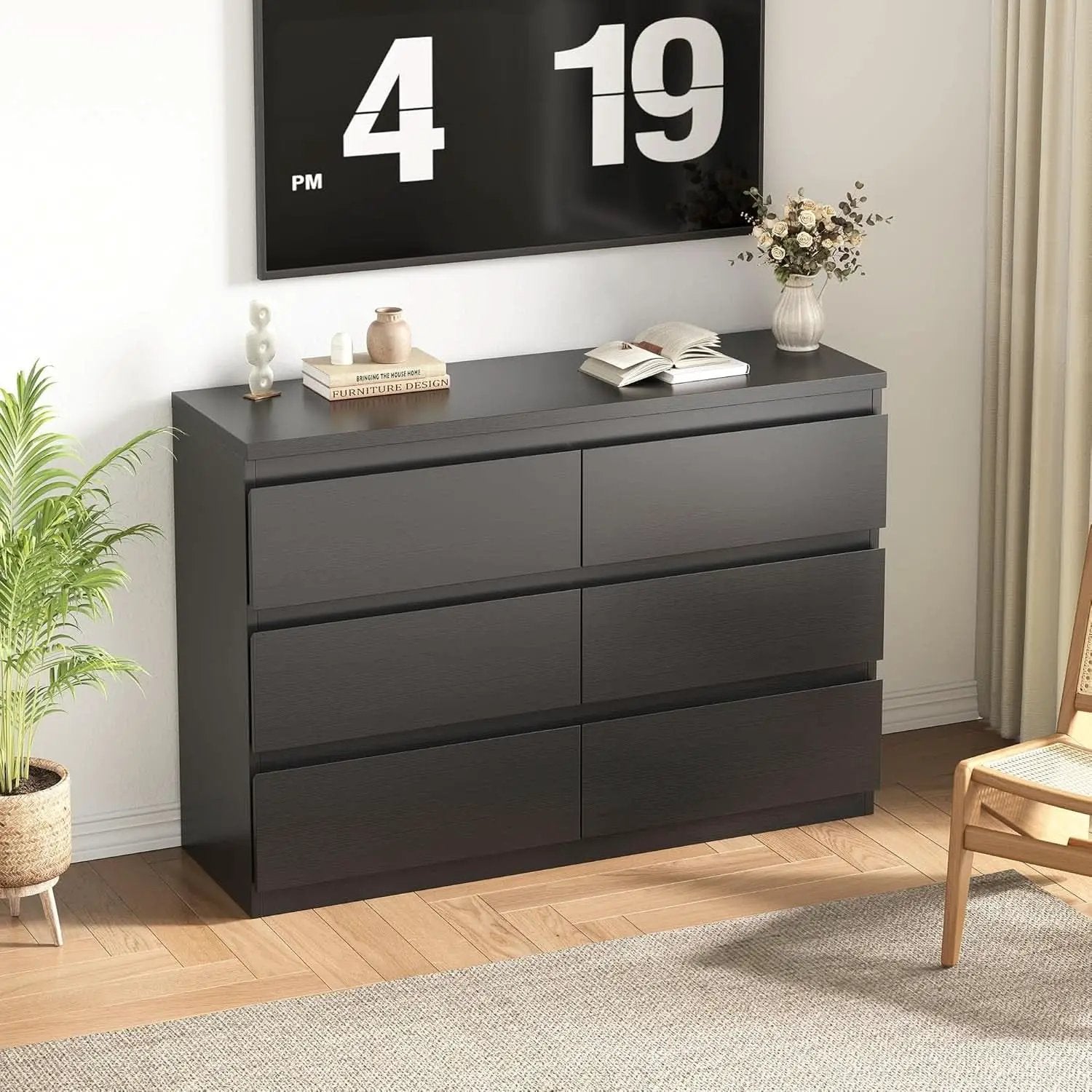 Black Six Drawers Solid Wood Dresser Sturdy Construction from PriceLows™