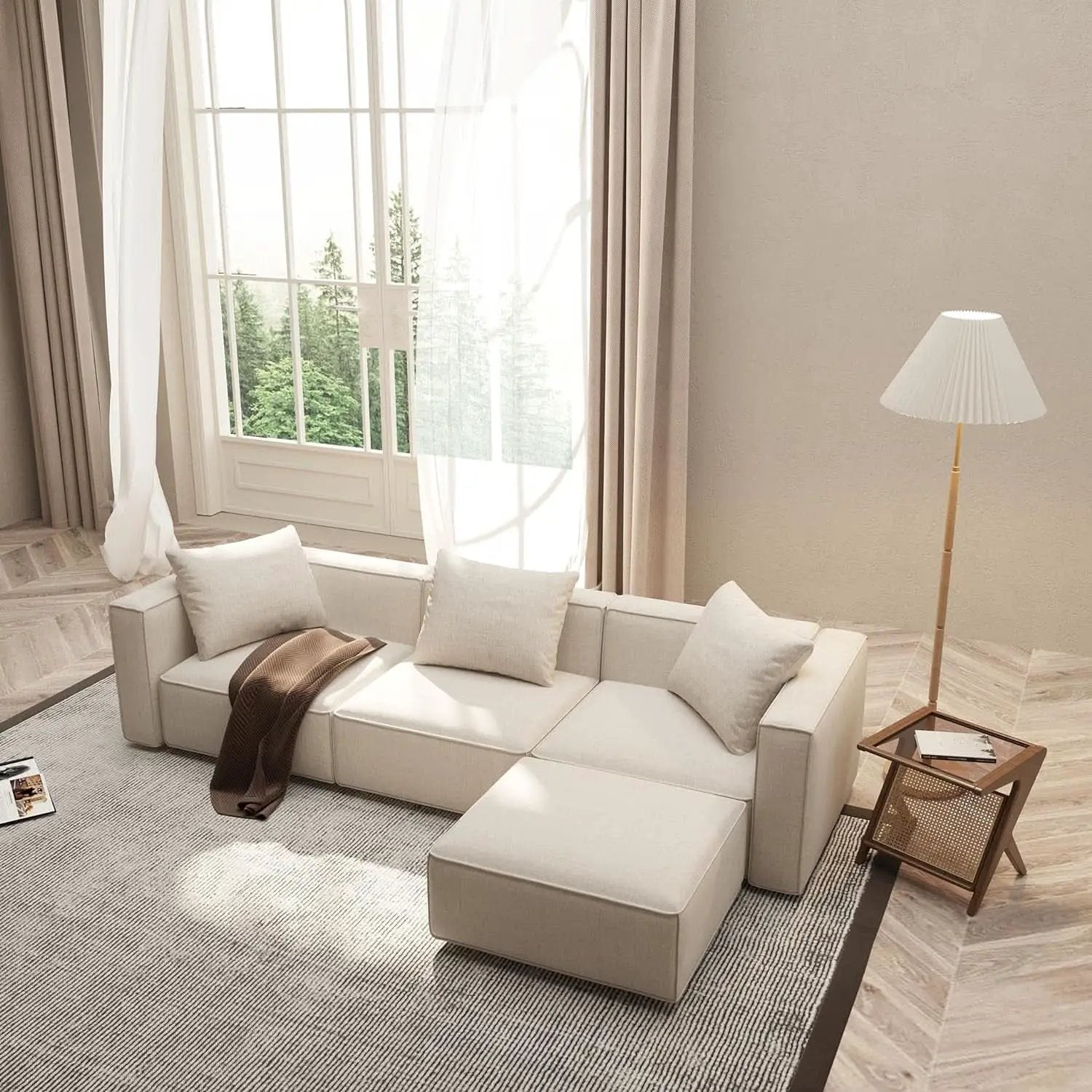 Modular Sectional Sofa Set Linen Cream With Ottoman And Chaise from PriceLows™