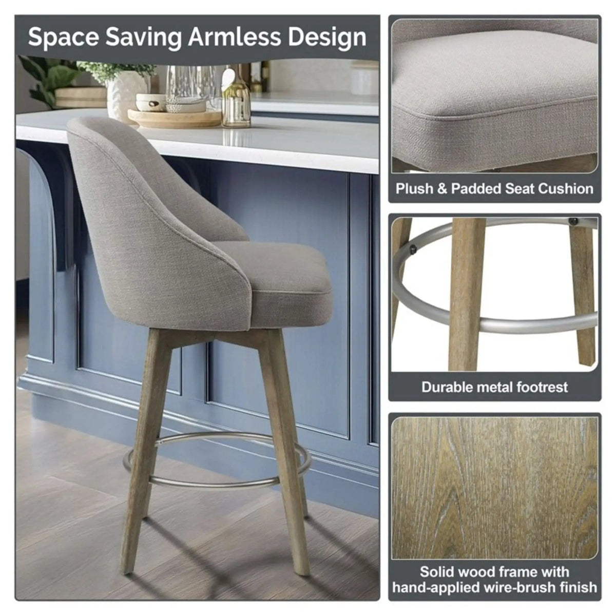 Counter Stool With Swivel Seat Counter Height (24"-27") | 2 Pieces | Solid Wood & Fabric | Home