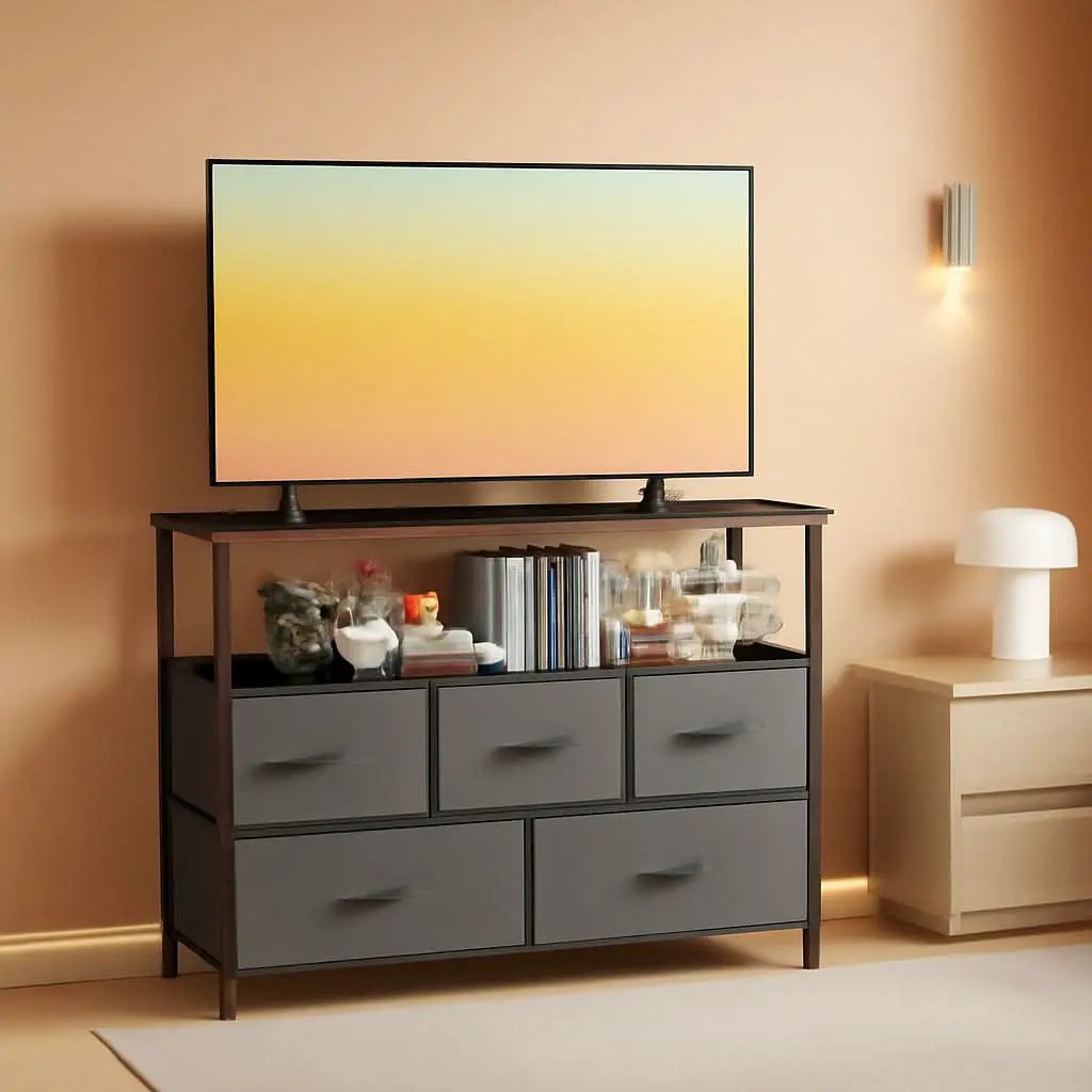 Gray TV Stand With Fabric Drawers And Wood Top 45 Inch from PriceLows™