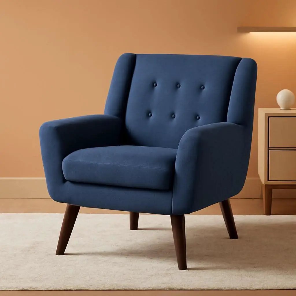 Dark Blue Linen Upholstered Tufted Midcentury Armchair from PriceLows™