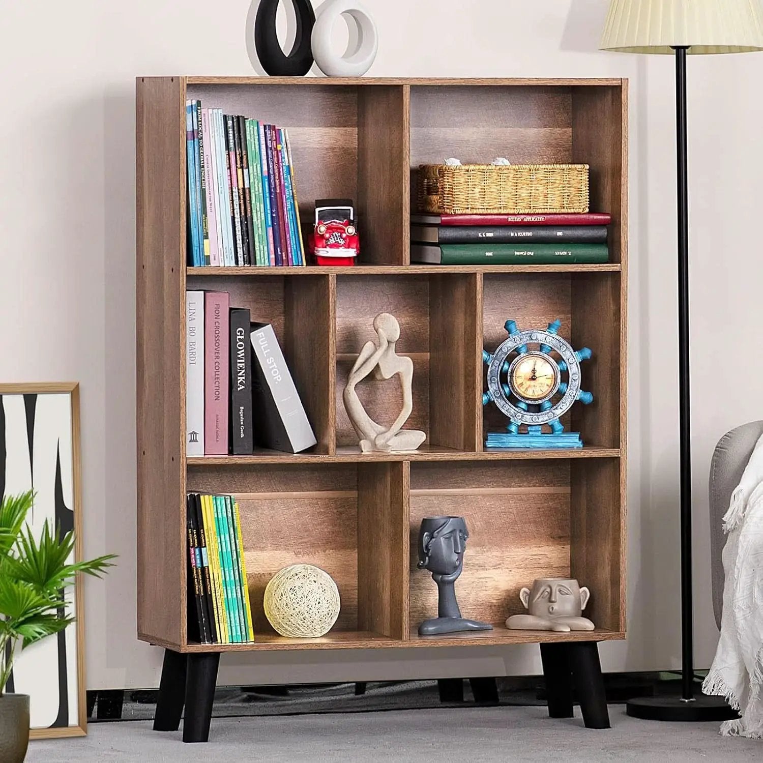 7 Cube Bookshelf 3 Tier Modern With Legs Oak Grey Display from PriceLows™