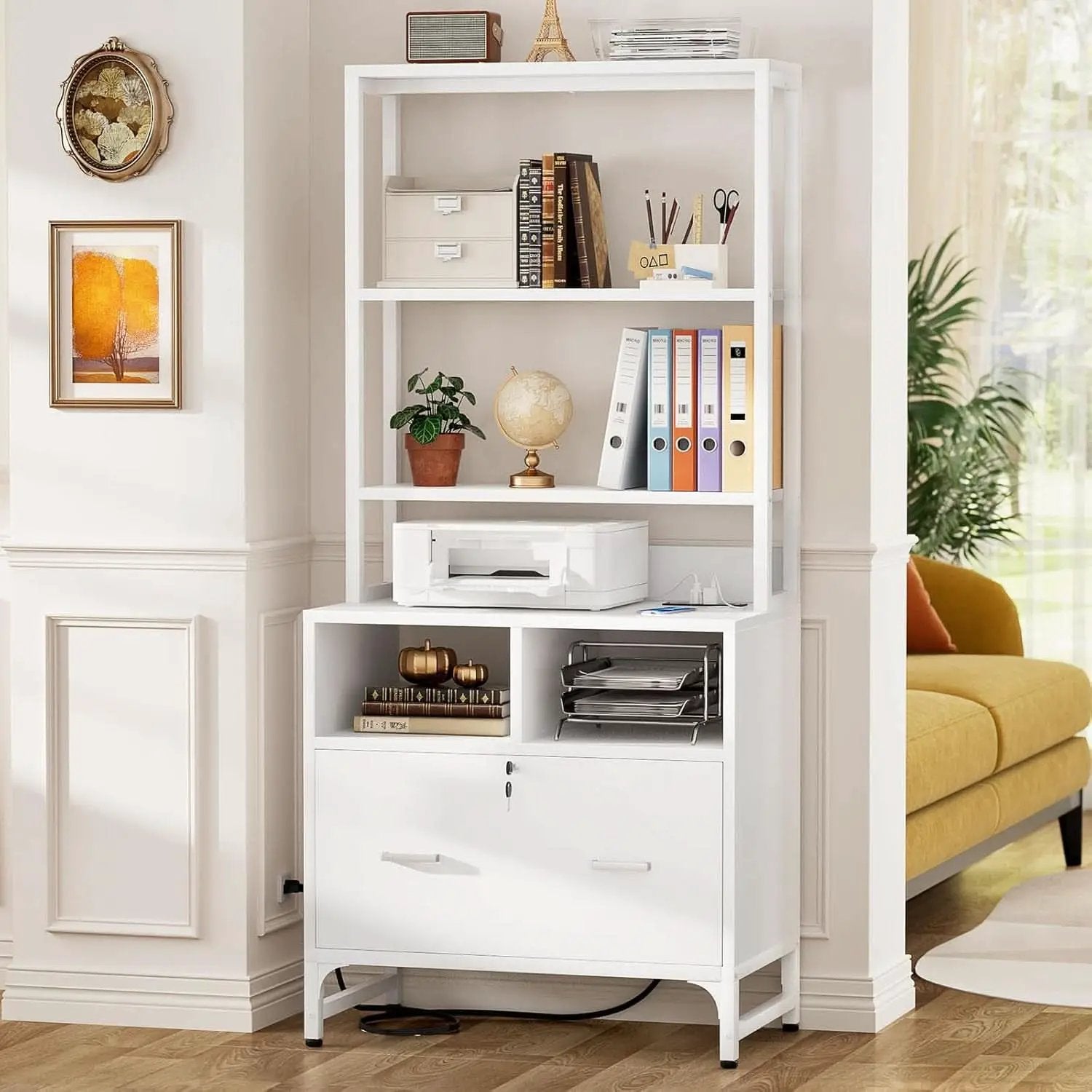 White Printer Stand With Locking File Cabinet And Charging Station from PriceLows™