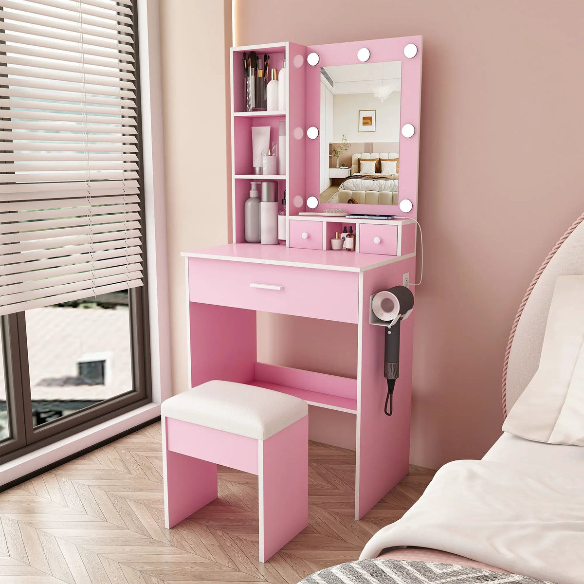 Vanity Table | LED Mirror | Power Outlet | Includes Stool