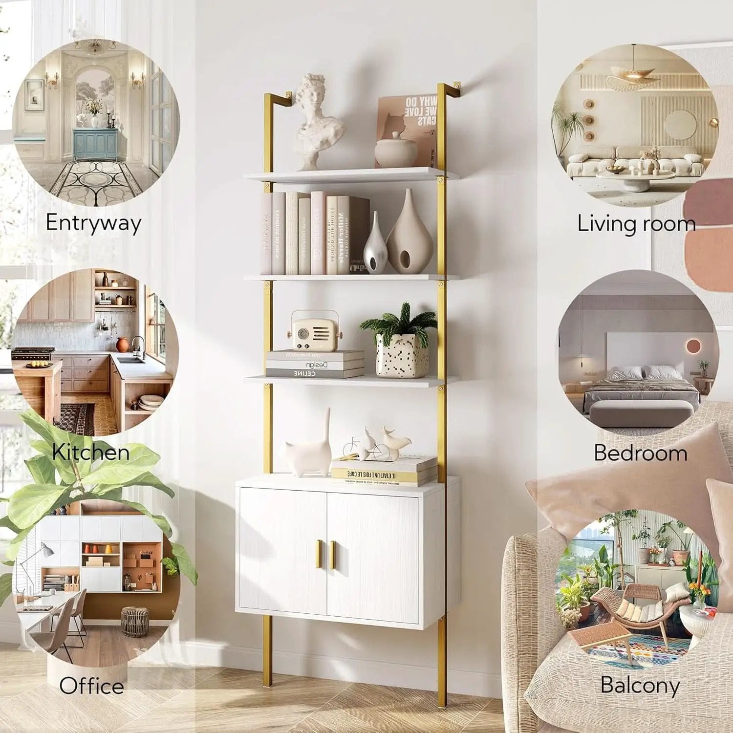 73 Inch Tall Bookshelf With Cabinet Industrial Ladder Wall Shelf White Gold from PriceLows™