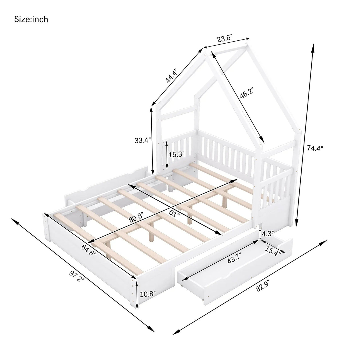 Platform Bed | Solid Pine Frame | Full Guardrail | 2 Drawers