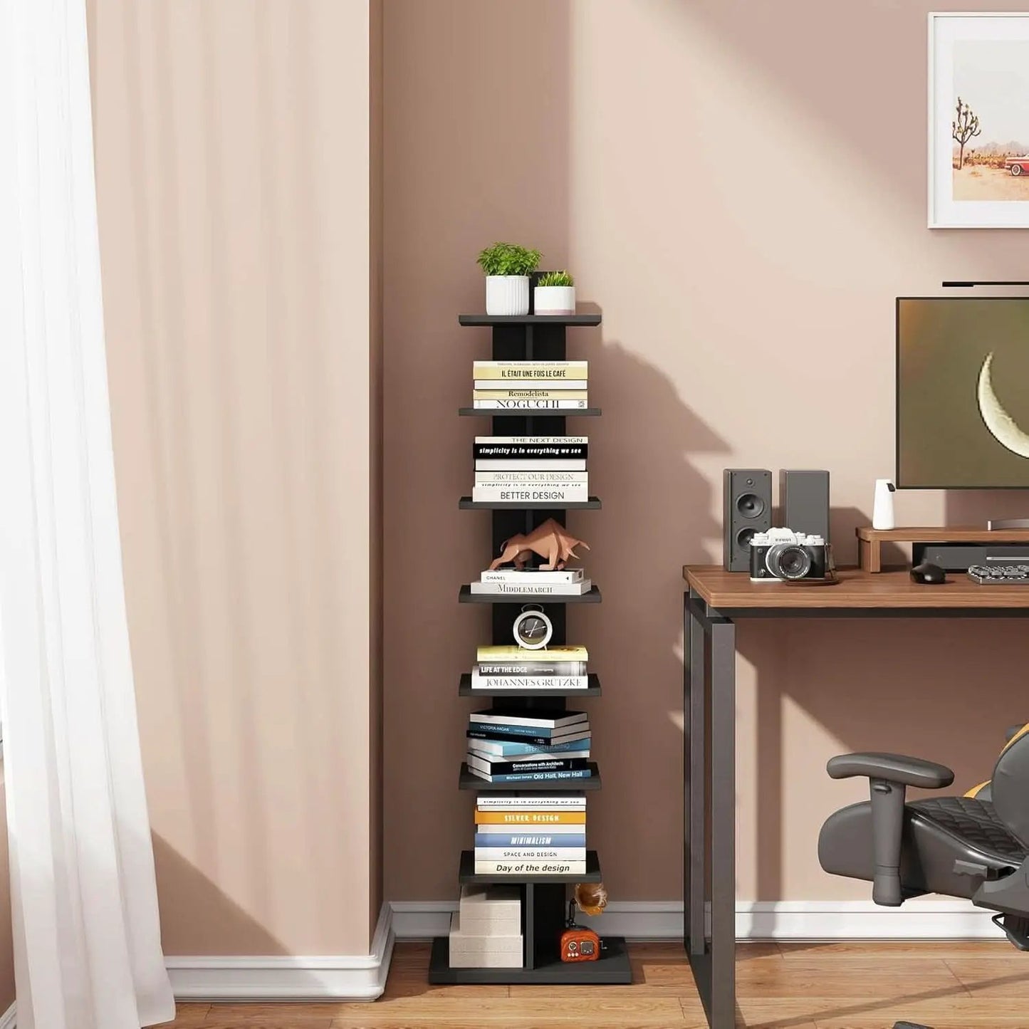 Vertical 8 Tier Bookshelf Black For Small Spaces Bookcase from PriceLows™