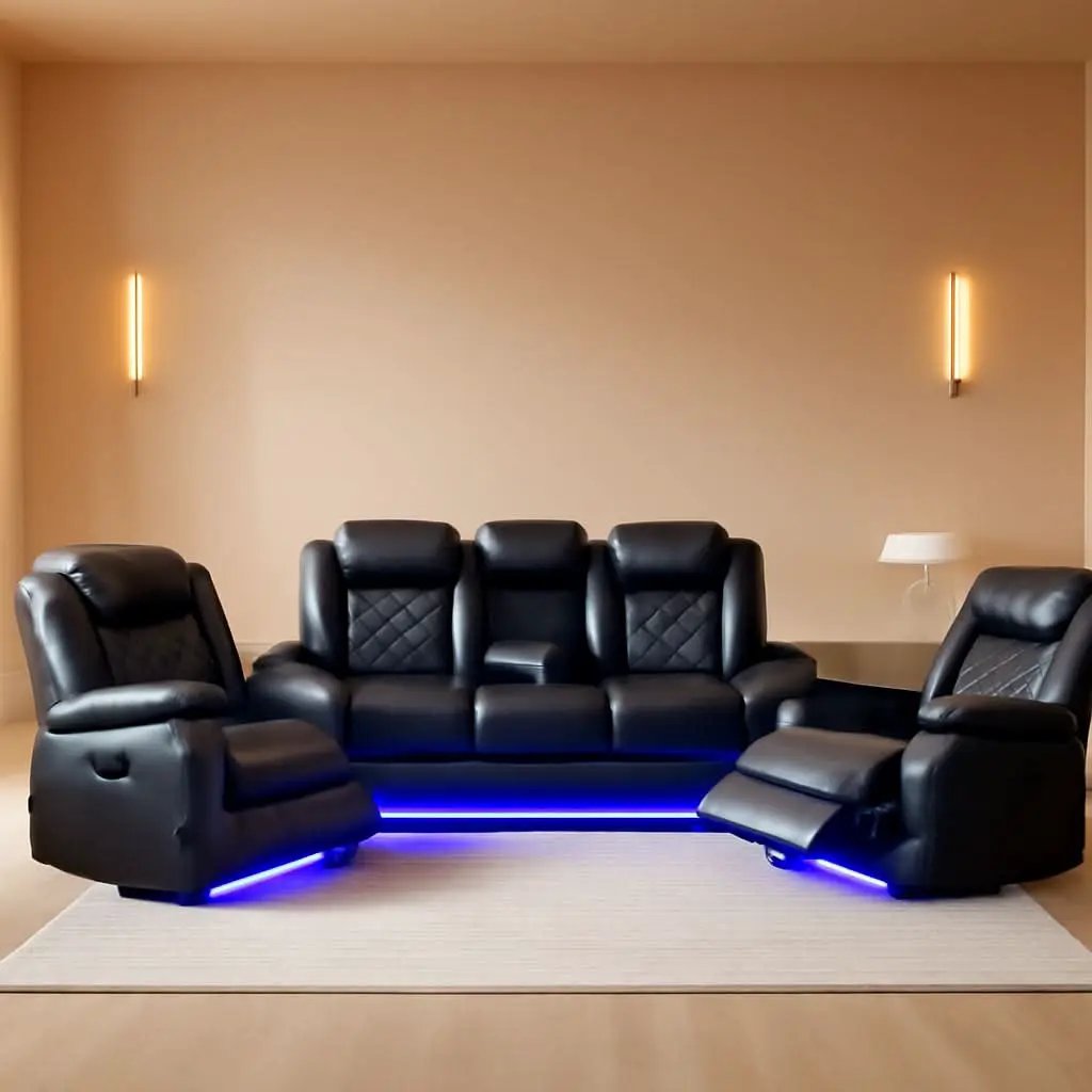 Black Power Recliner Sofa Set With LED And USB Charging from PriceLows™
